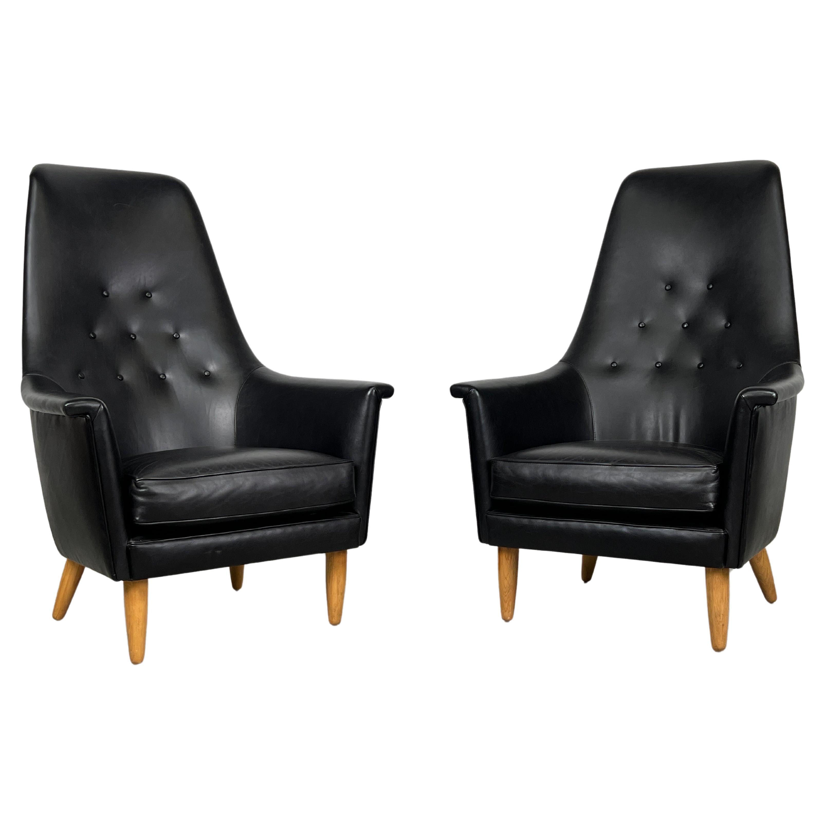 Pair of High Back Leather Lounge Chairs Attributed to Ib Kofod-Larsen