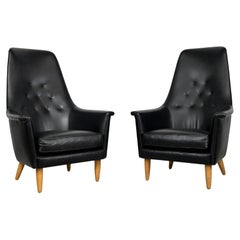 Pair of High Back Leather Lounge Chairs Attributed to Ib Kofod-Larsen