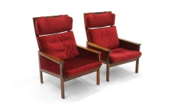 Pair of High Back Lounge Chairs by Illum Wikkelso, Rosewood and Red Velvet