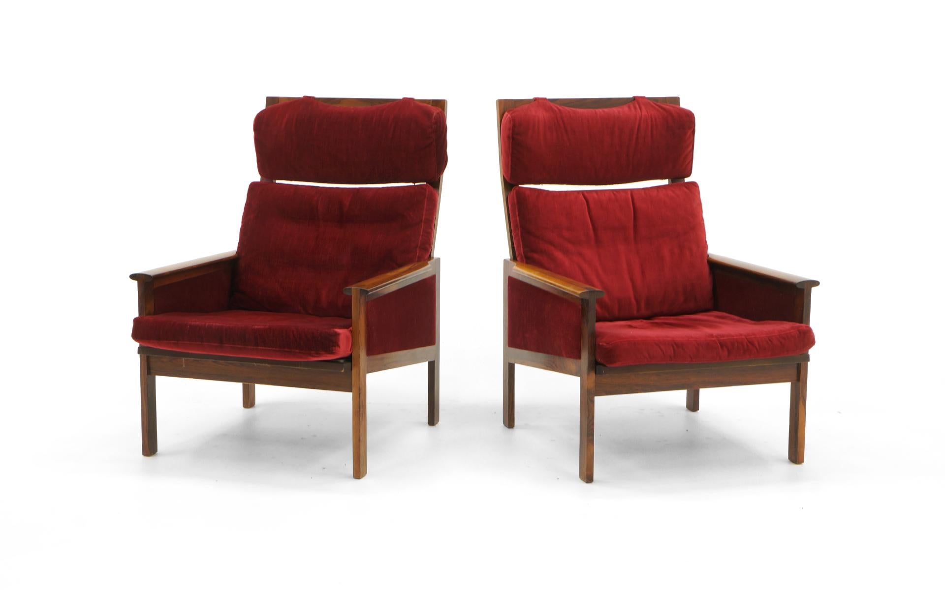 Scandinavian Modern Pair of High Back Lounge Chairs by Illum Wikkelso, Rosewood and Red Velvet