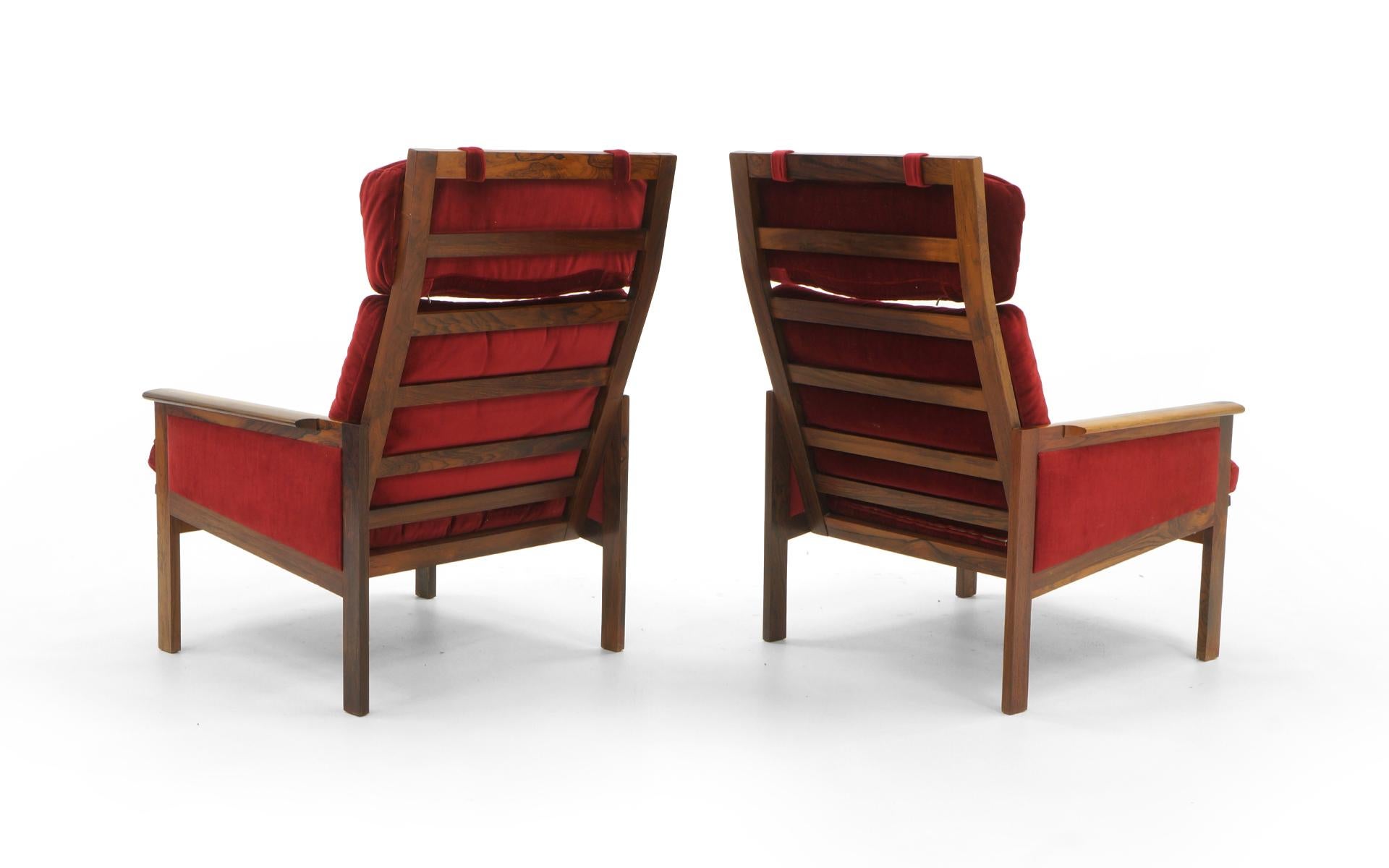 Danish Pair of High Back Lounge Chairs by Illum Wikkelso, Rosewood and Red Velvet