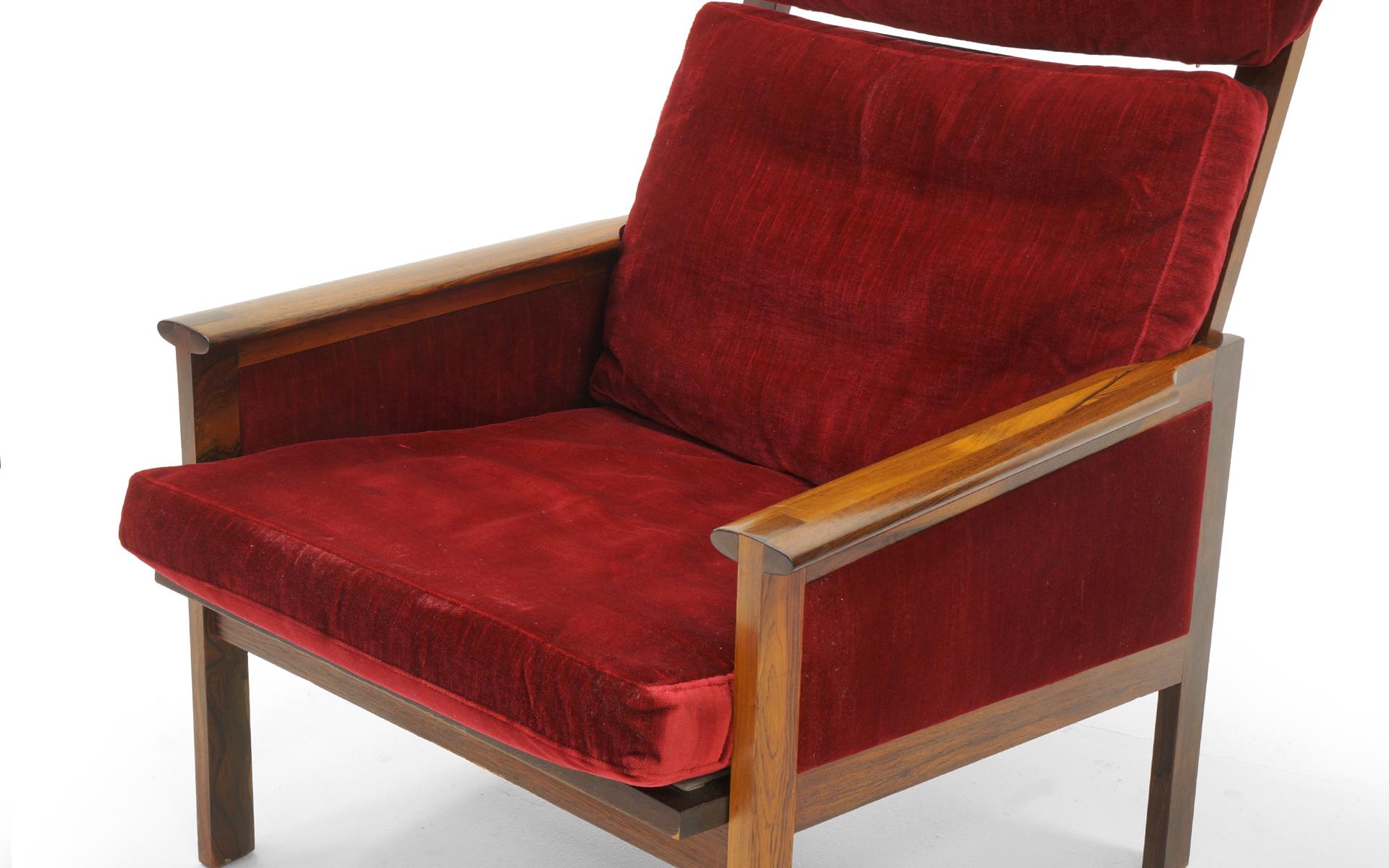 Mid-20th Century Pair of High Back Lounge Chairs by Illum Wikkelso, Rosewood and Red Velvet
