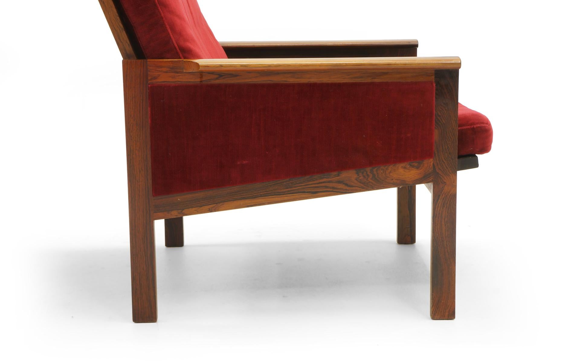 Upholstery Pair of High Back Lounge Chairs by Illum Wikkelso, Rosewood and Red Velvet