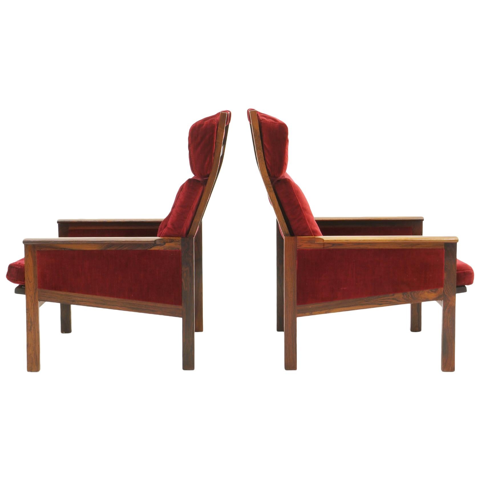 Pair of High Back Lounge Chairs by Illum Wikkelso, Rosewood and Red Velvet