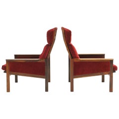 Pair of High Back Lounge Chairs by Illum Wikkelso, Rosewood and Red Velvet