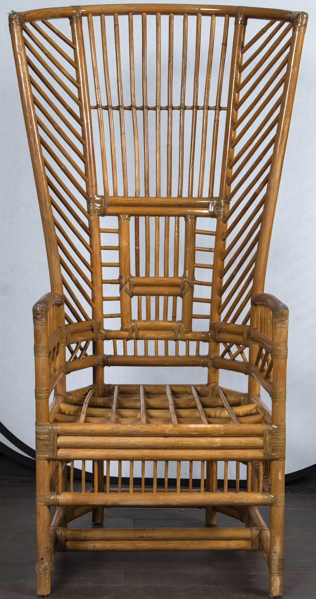 Stunning pair of rattan or bamboo high back chairs. Seat height: 16 inches.
 