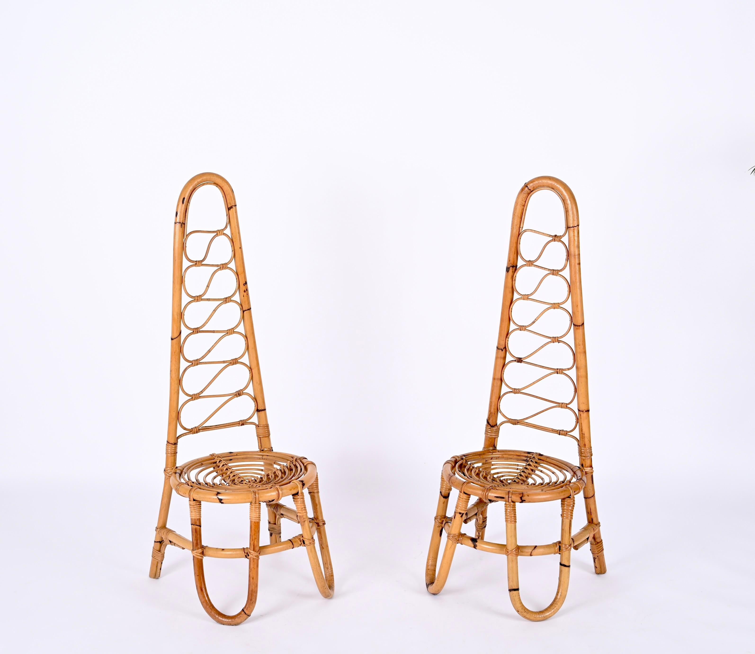 Pair of High Back Rattan Chairs in the Style of Bonacina, Italy, 1960s 5
