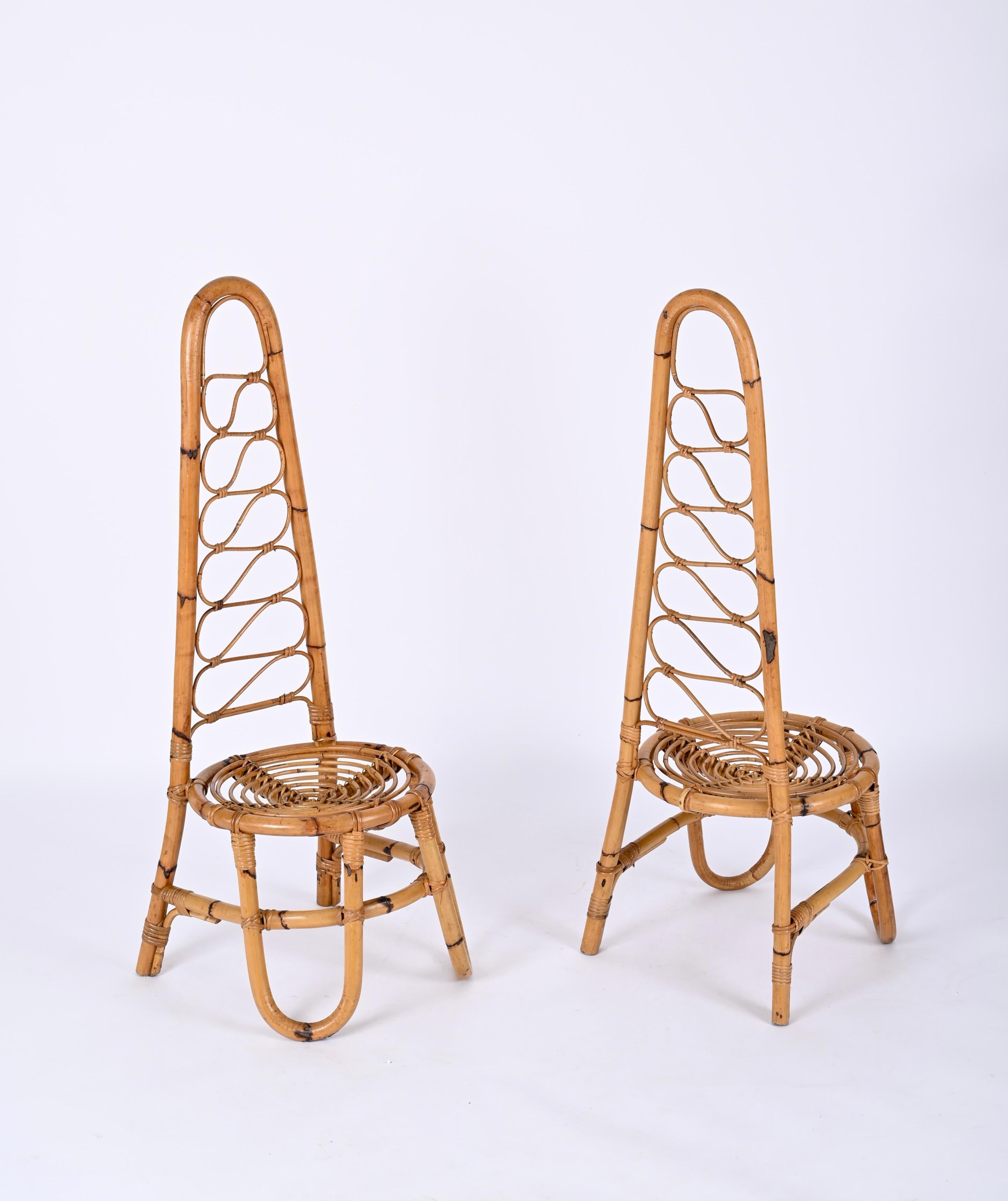 Pair of High Back Rattan Chairs in the Style of Bonacina, Italy, 1960s In Good Condition In Roma, IT