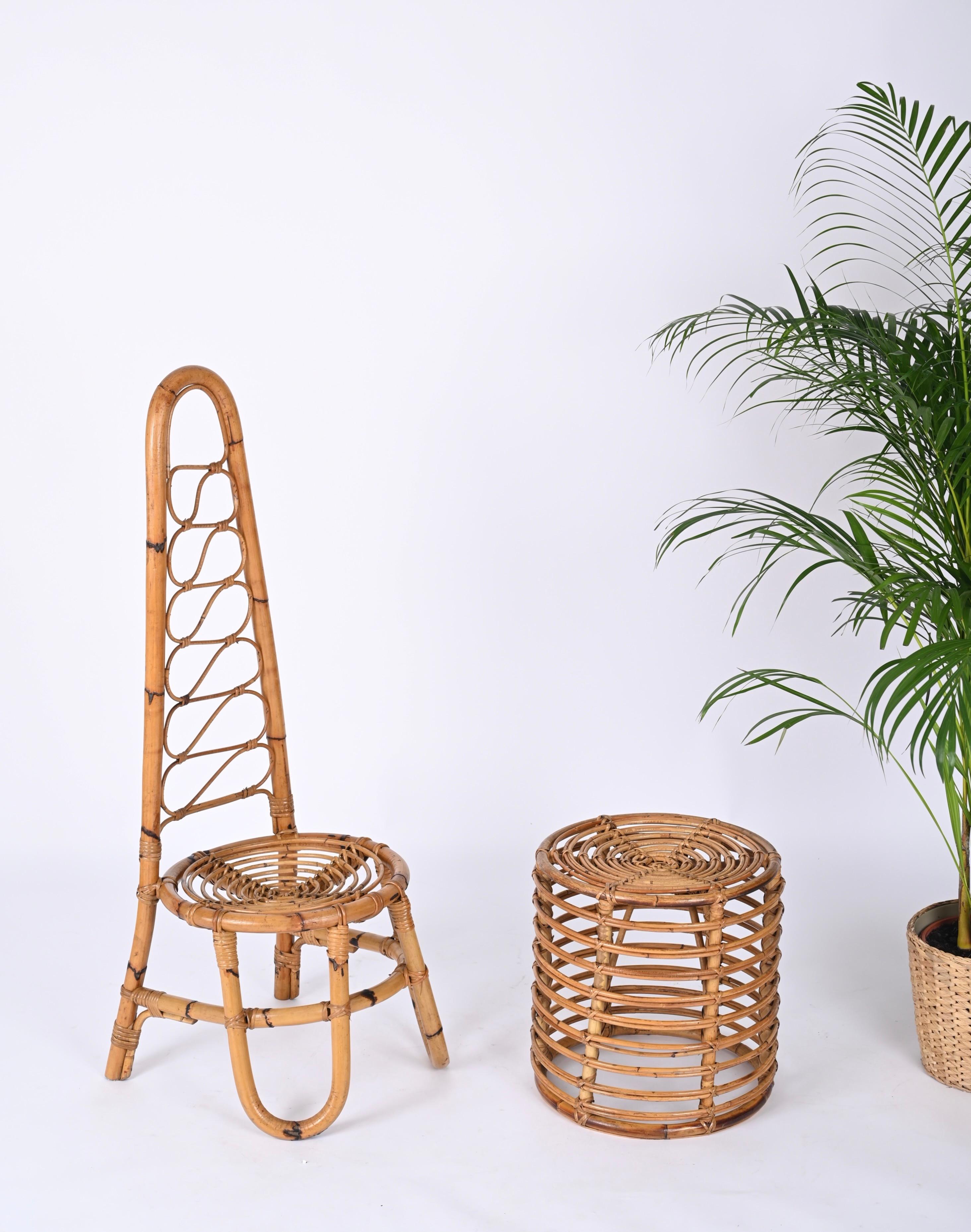 Bamboo Pair of High Back Rattan Chairs in the Style of Bonacina, Italy, 1960s