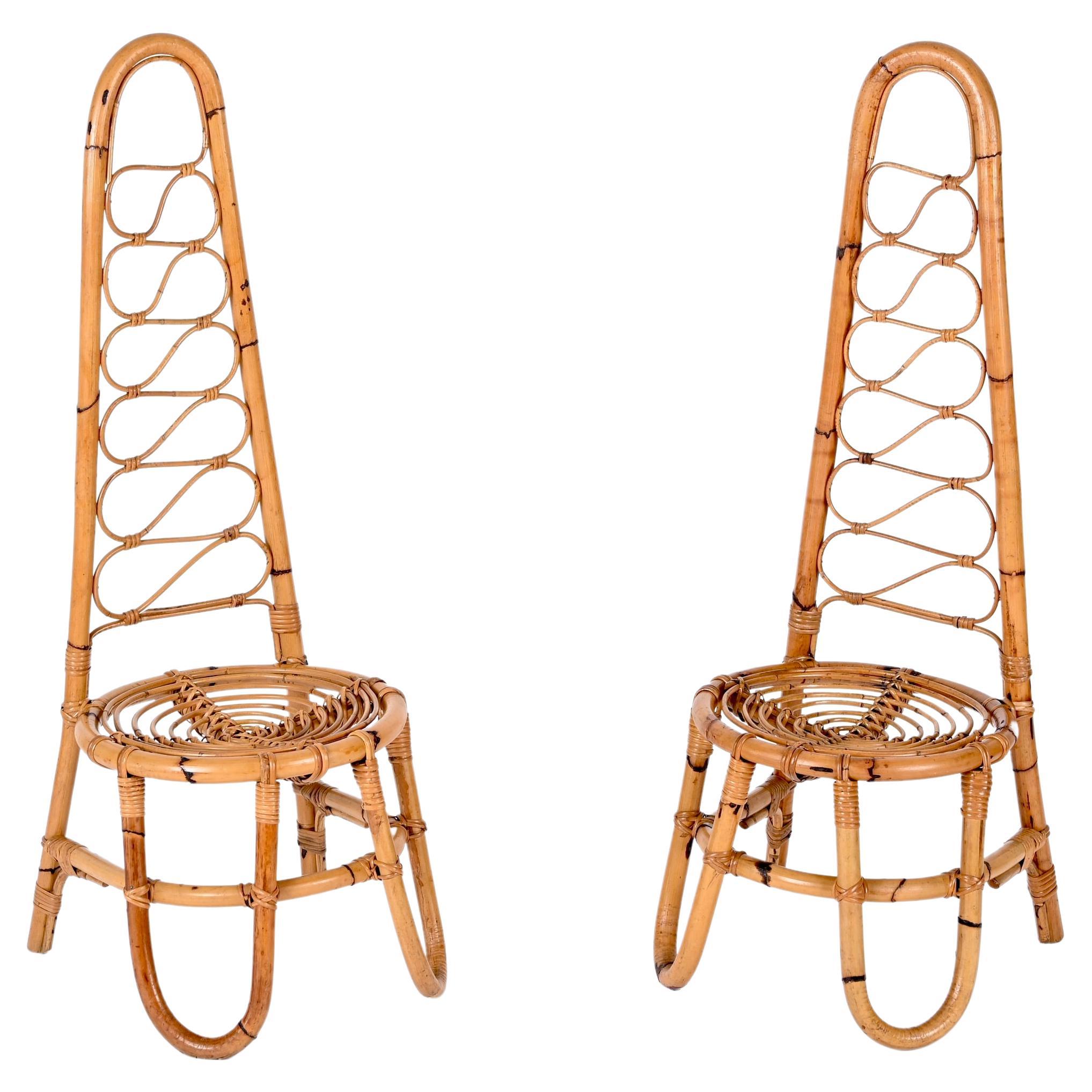 Pair of High Back Rattan Chairs in the Style of Bonacina, Italy, 1960s