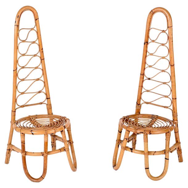 Pair of High Back Rattan Chairs in the Style of Bonacina, Italy, 1960s ...