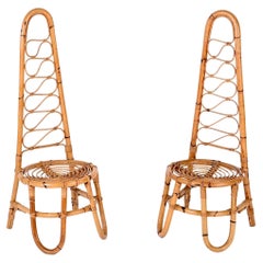 Pair of High Back Rattan Chairs in the Style of Bonacina, Italy, 1960s