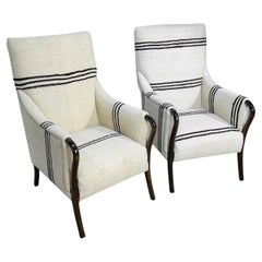 Used Pair of High Back Upholstered Chairs in Heavy Weight Grain Sack Cotton Fabric