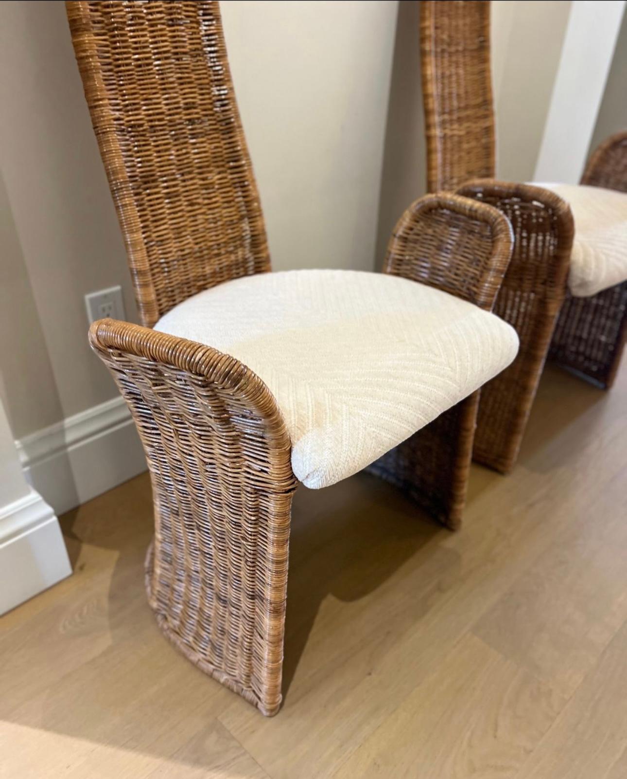 American Pair of high back wicker accent chairs designed by Danny Ho Fong for Tropic-Cal For Sale