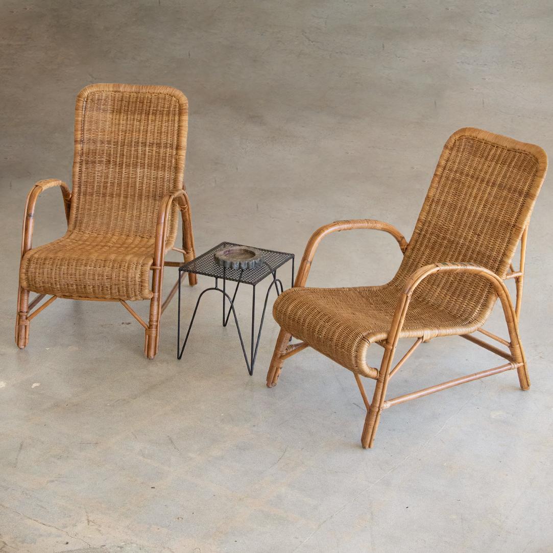 Italian Pair of High Back Wicker Chairs