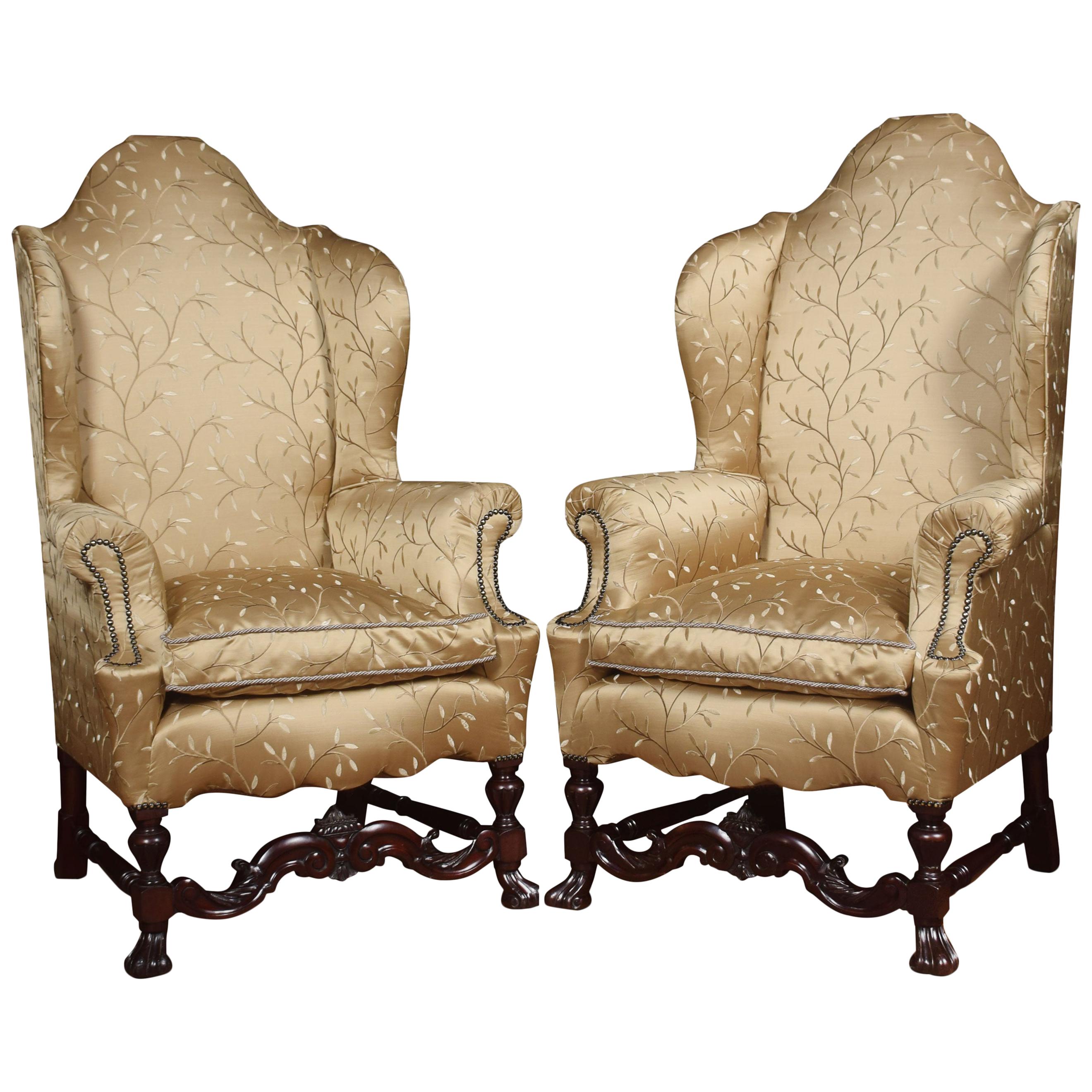 Pair of High Back Wing Armchairs