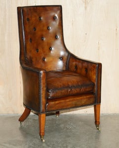 PAIR OF HIGH BACKED ANTIQUE REGENCY 1810 CHESTERFIELD BROWN LEATHER ARMCHAIRs