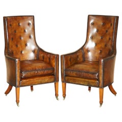 PAIR OF HIGH BACKED ANTIQUE REGENCY 1810 CHESTERFIELD BROWN LEATHER ARMCHAIRs