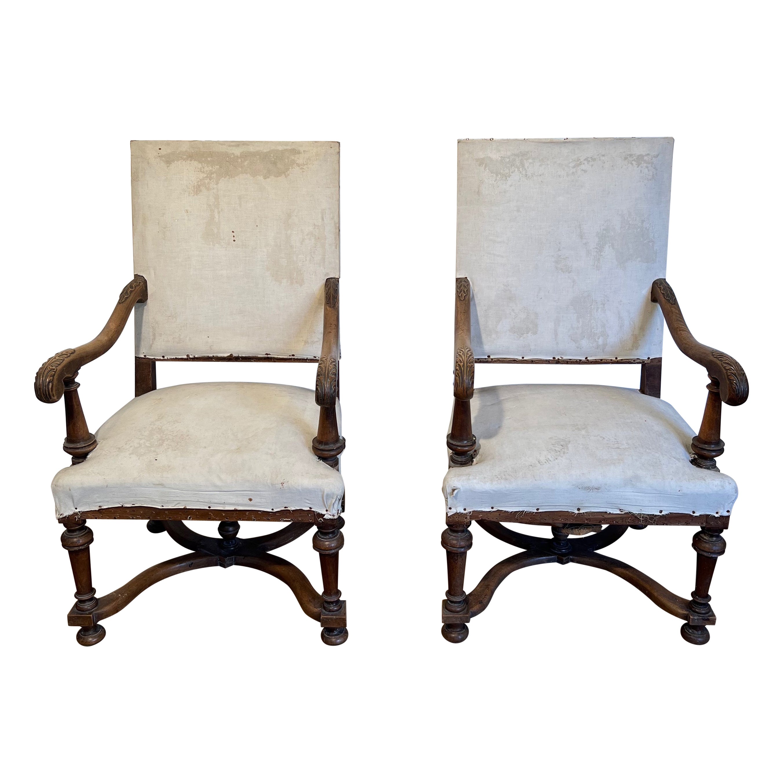 Pair of High-Backed Walnut Armchairs in the Style of Louis XIII