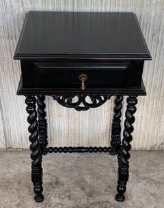 Pair of High Carved Spanish Nightstands with Solomonic Columns and Drawer