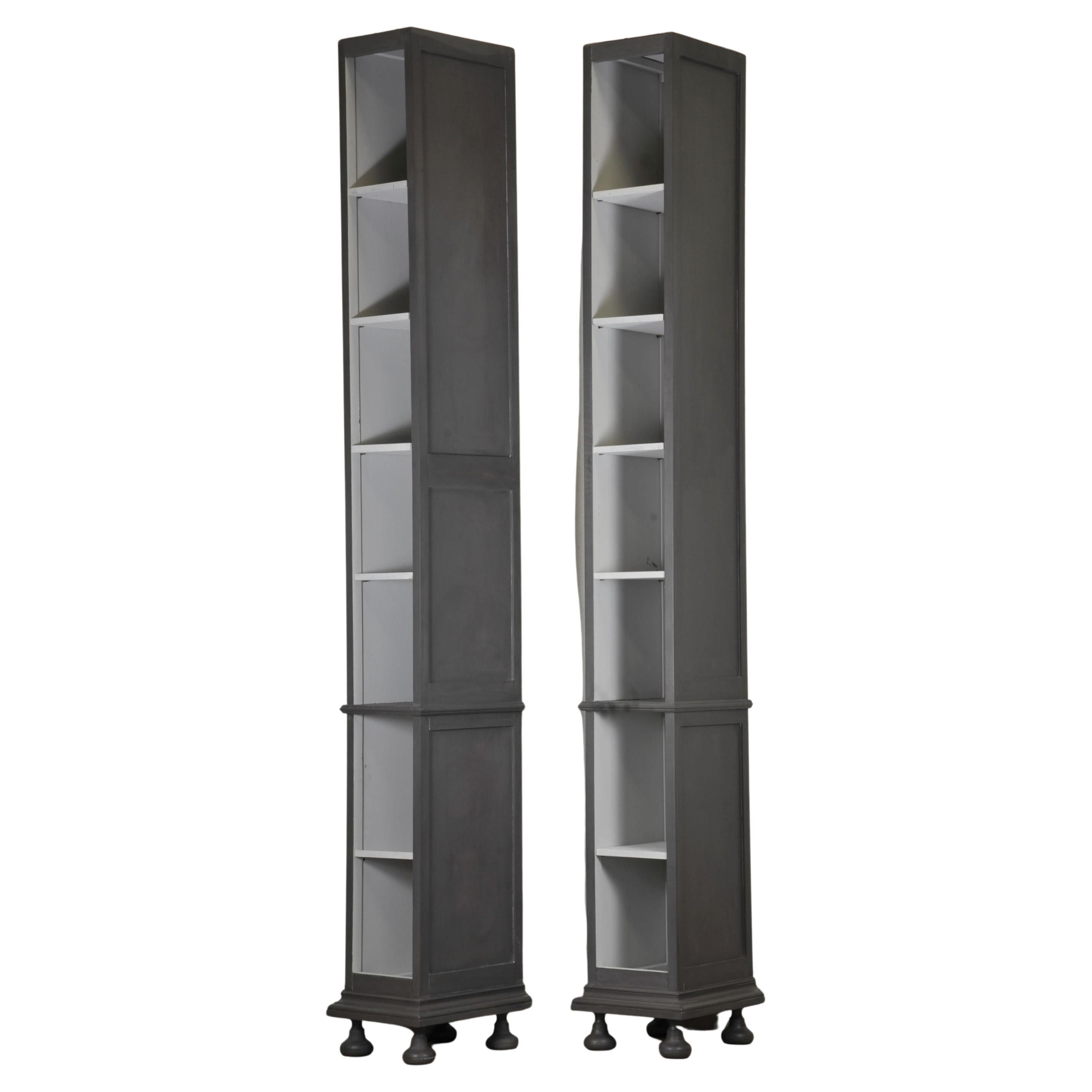 Pair of High Columns Bookcases in Gray Patinated Wood