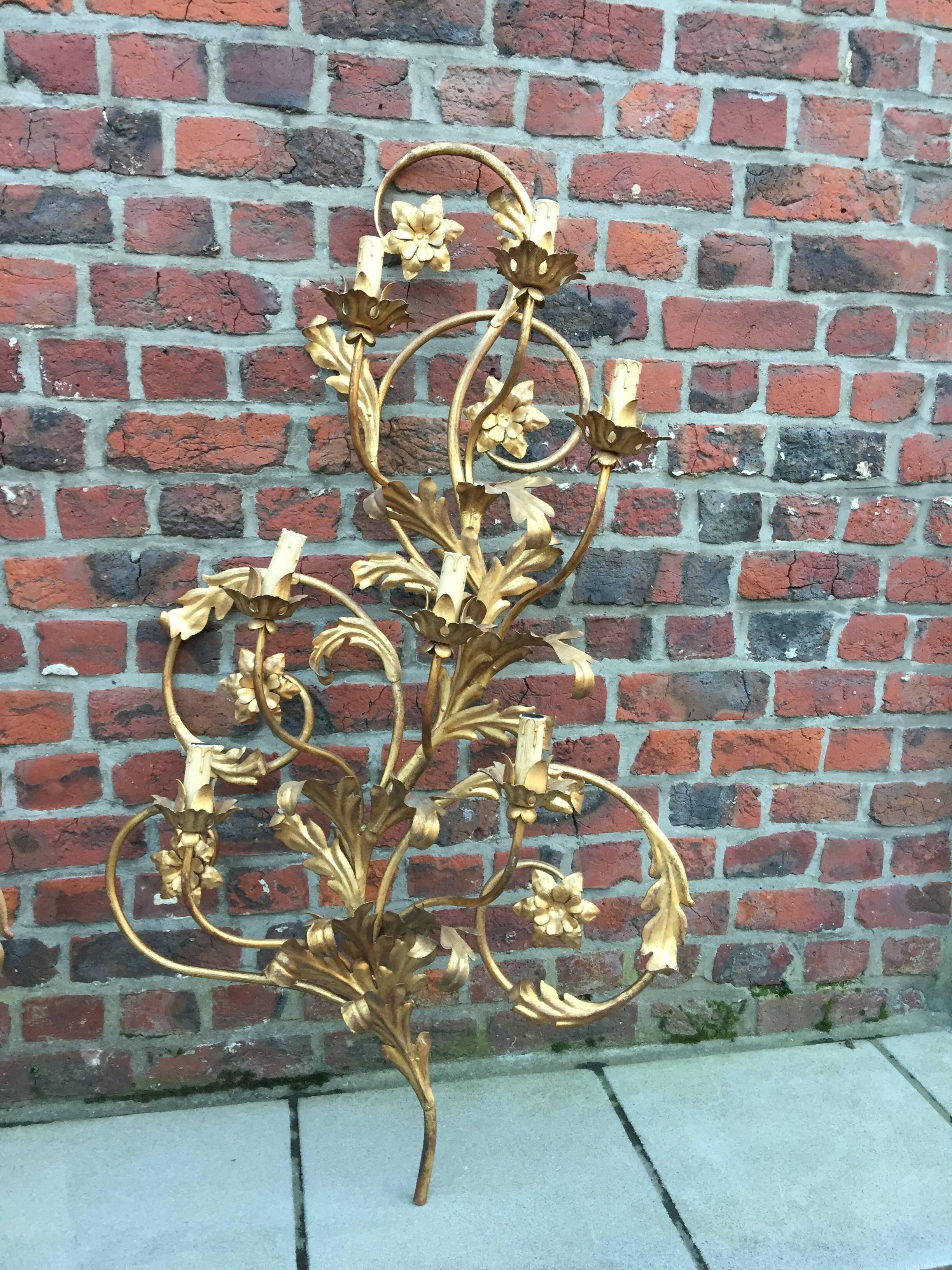 Mid-Century Modern Pair of High Gilt Metal Sconces, circa 1970 For Sale