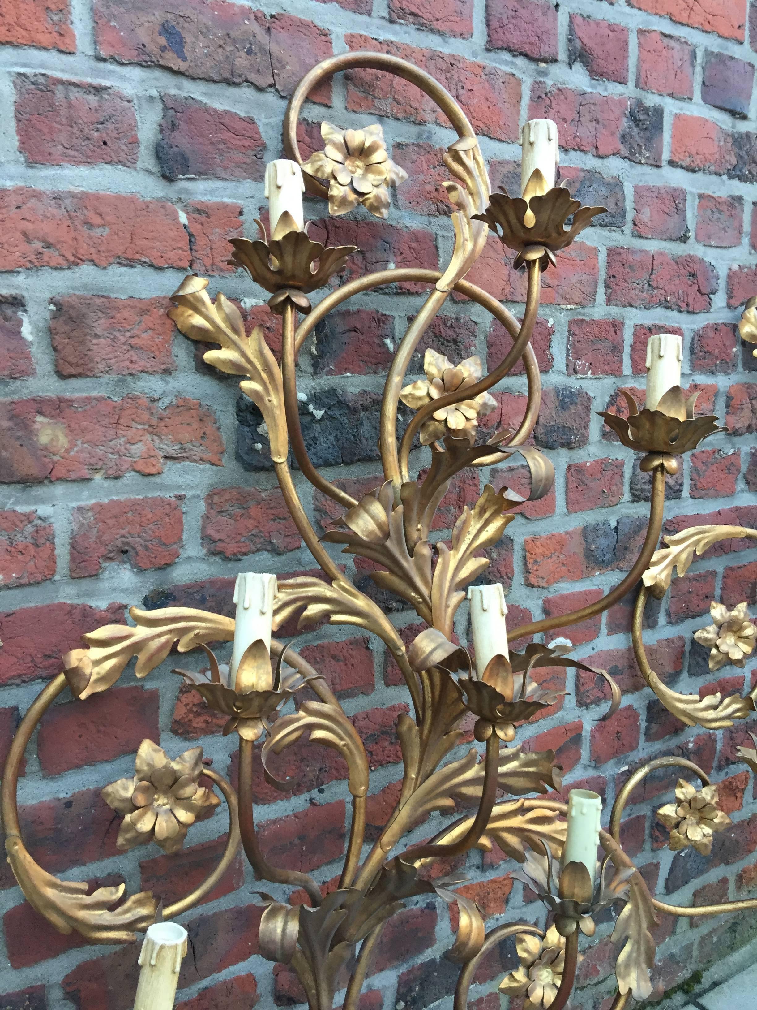 Pair of High Gilt Metal Sconces, circa 1970 For Sale 1