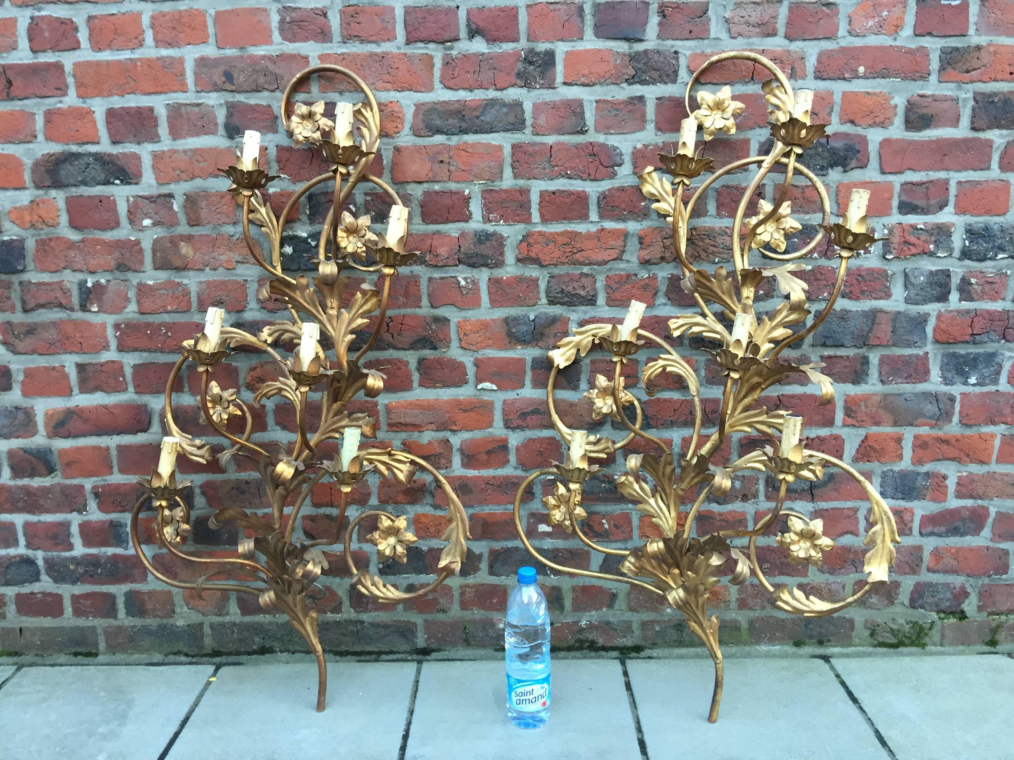 European Pair of High Gilt Metal Sconces, circa 1970 For Sale