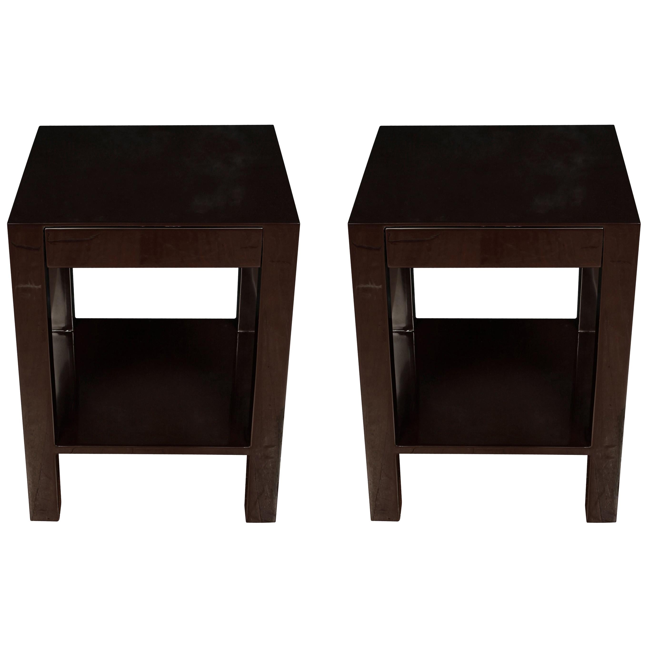 Pair of High Gloss Brown Lacquer Side Tables