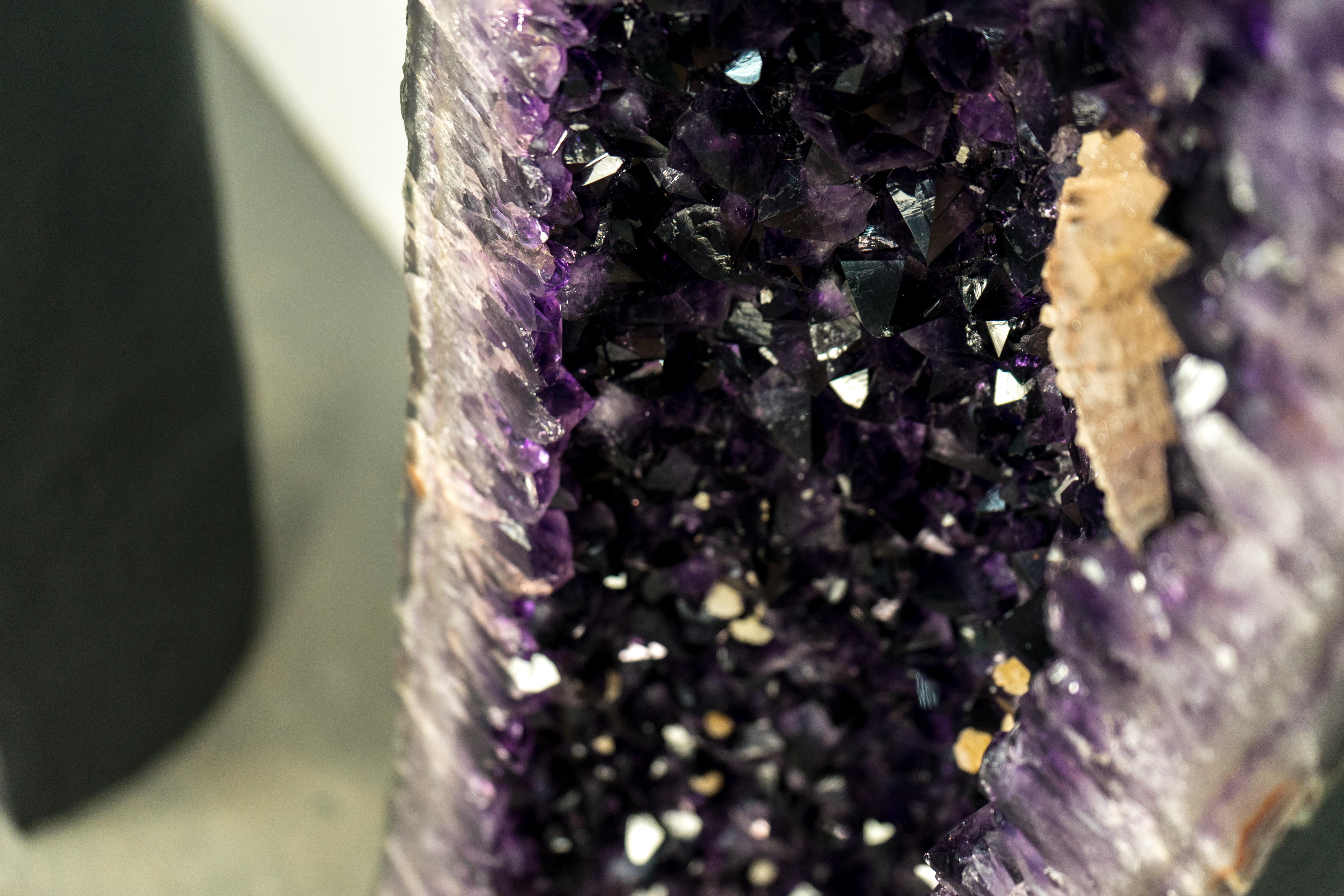 Pair of High-Grade Giant Amethyst Cathedral Geodes with Calcite - 6 Ft Tall For Sale 3