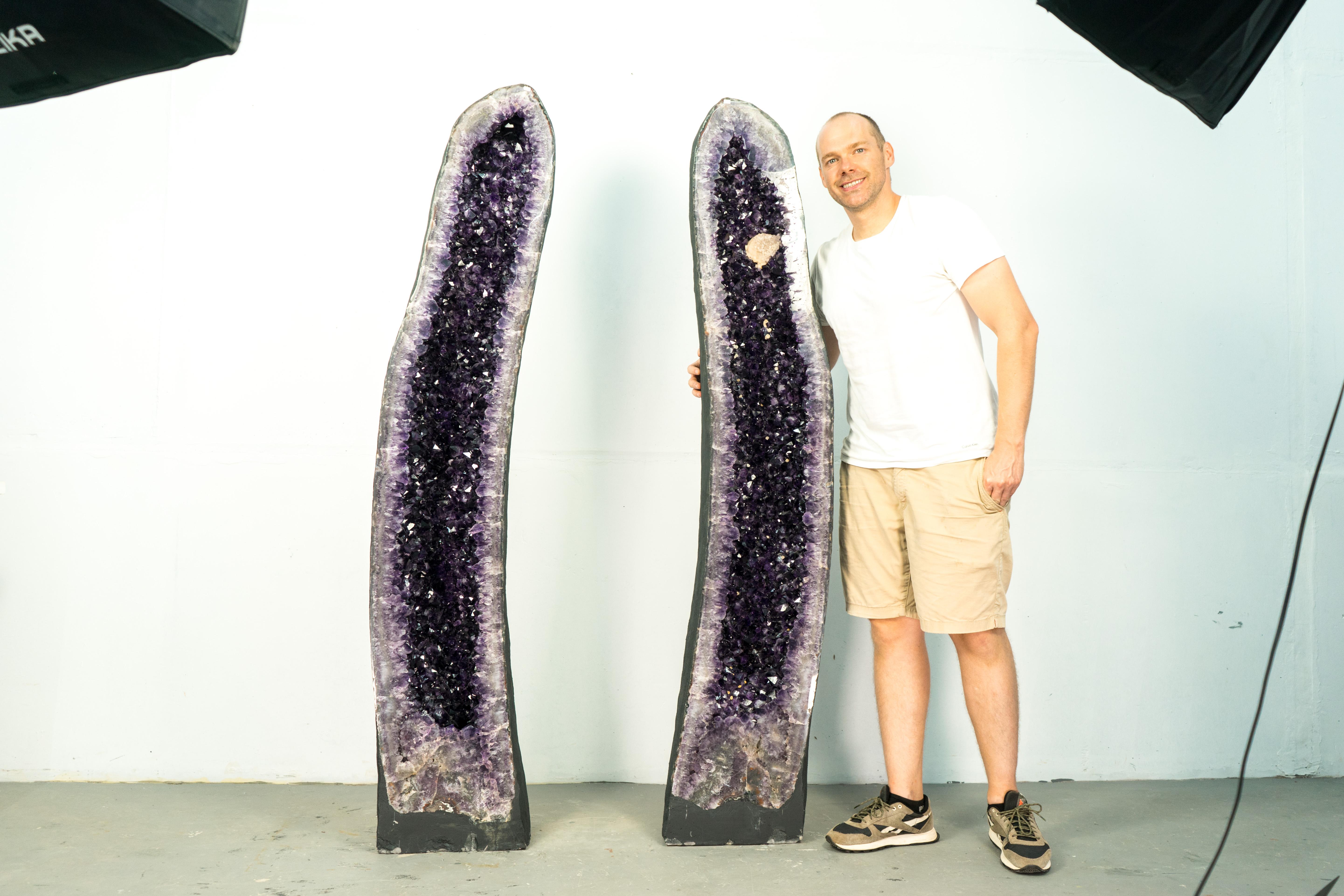 Brazilian Pair of High-Grade Giant Amethyst Cathedral Geodes with Calcite - 6 Ft Tall For Sale