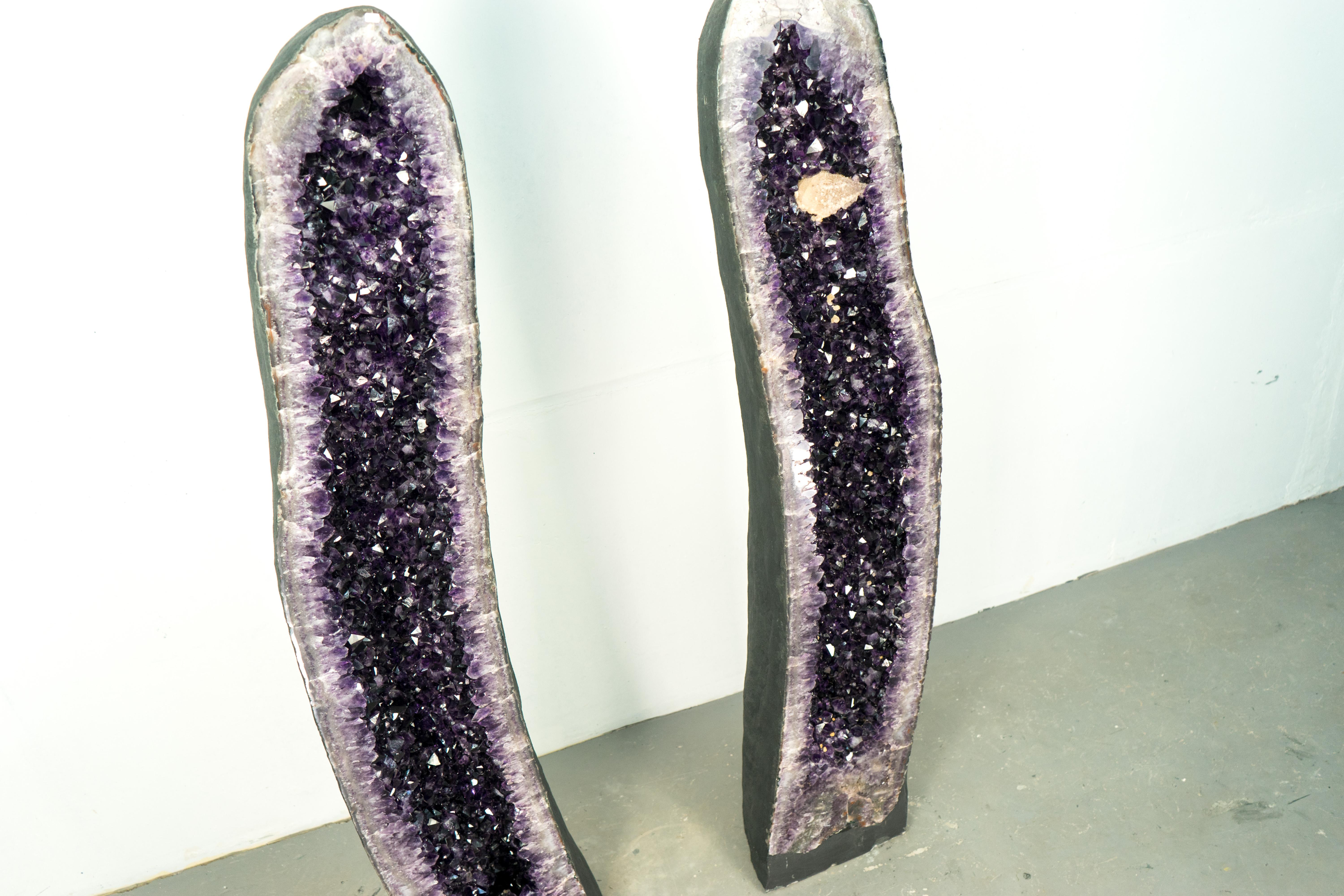 Contemporary Pair of High-Grade Giant Amethyst Cathedral Geodes with Calcite - 6 Ft Tall For Sale