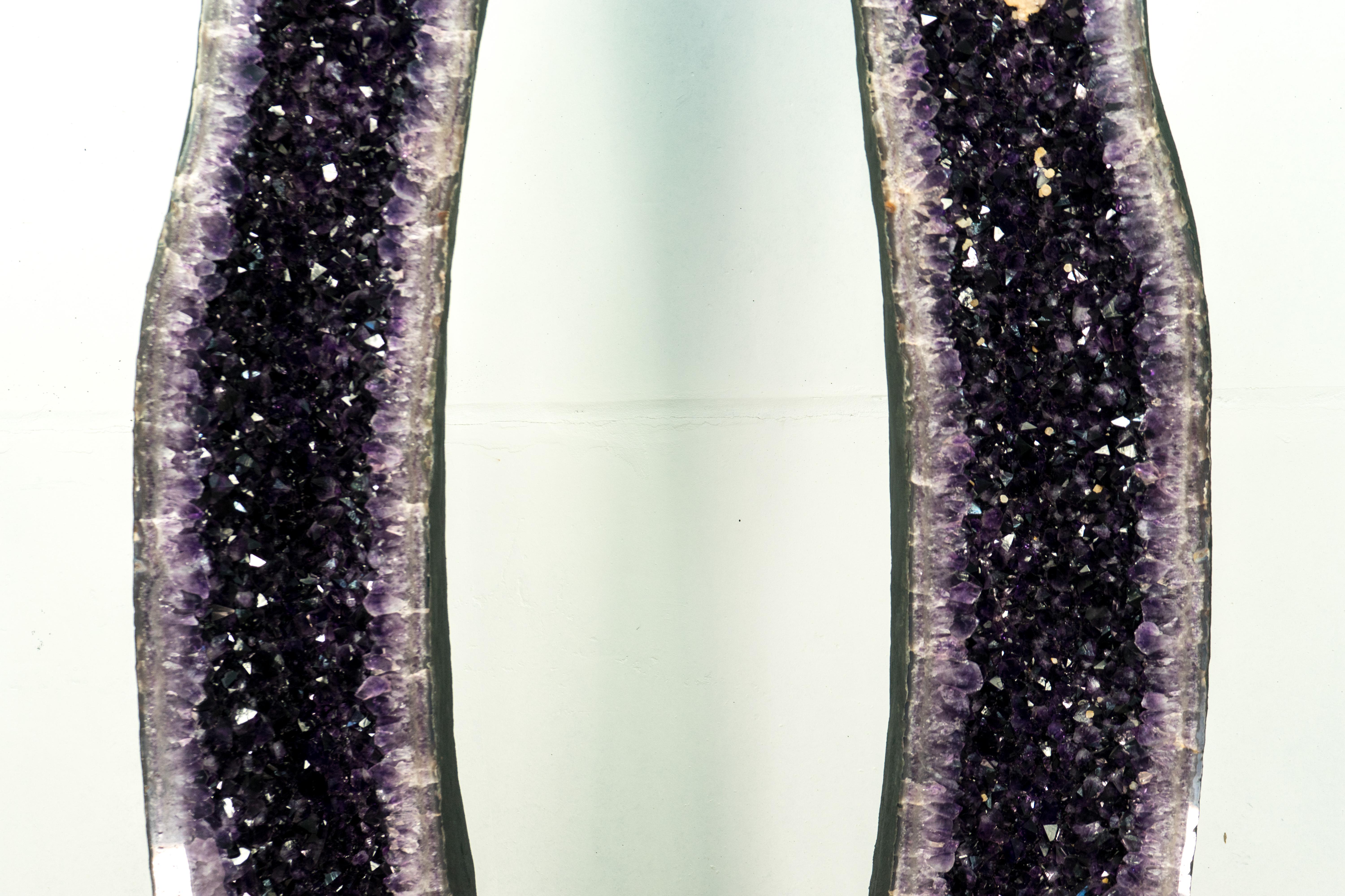 Contemporary Pair of High-Grade Giant Amethyst Cathedral Geodes with Calcite - 6 Ft Tall For Sale