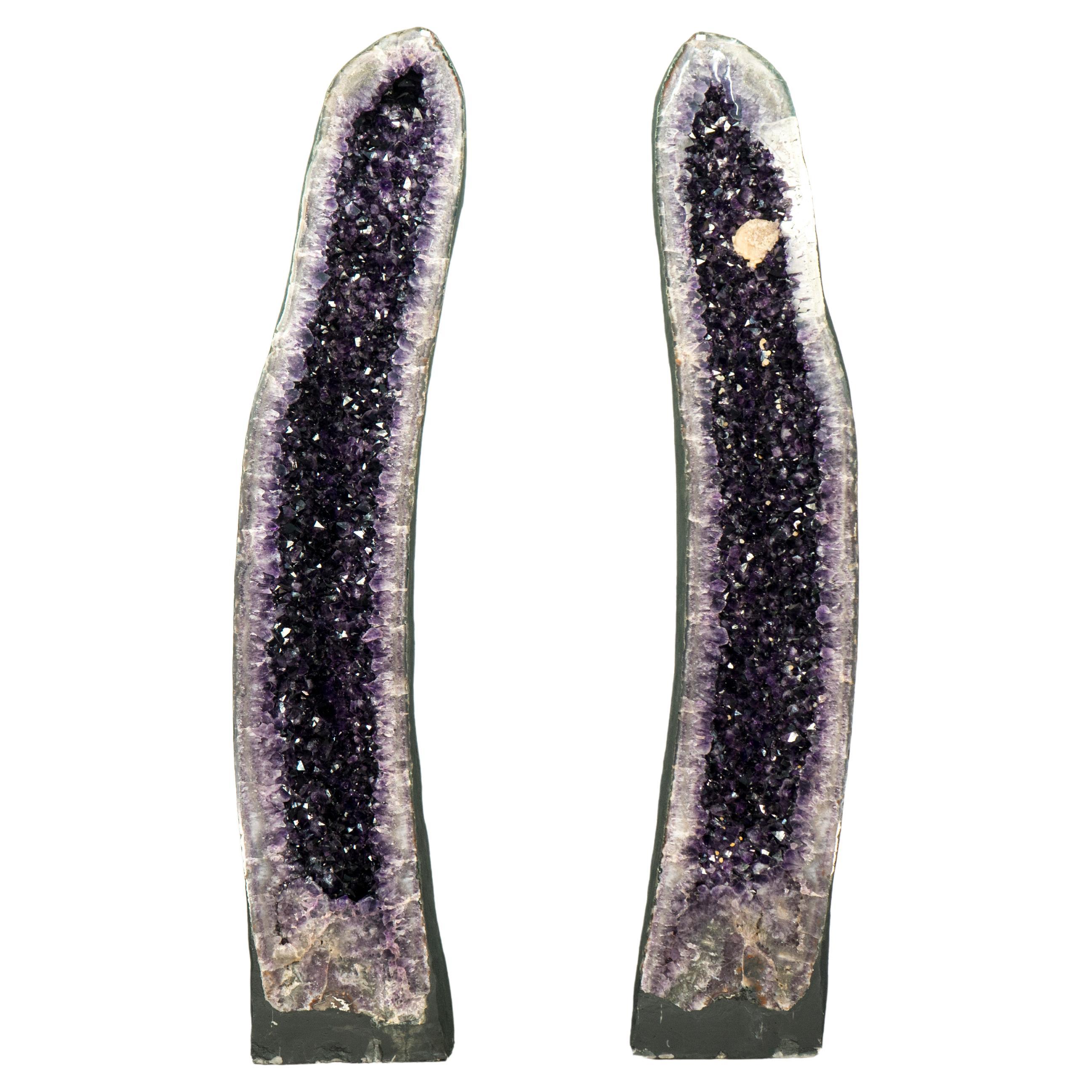 Pair of High-Grade Giant Amethyst Cathedral Geodes with Calcite - 6 Ft Tall For Sale
