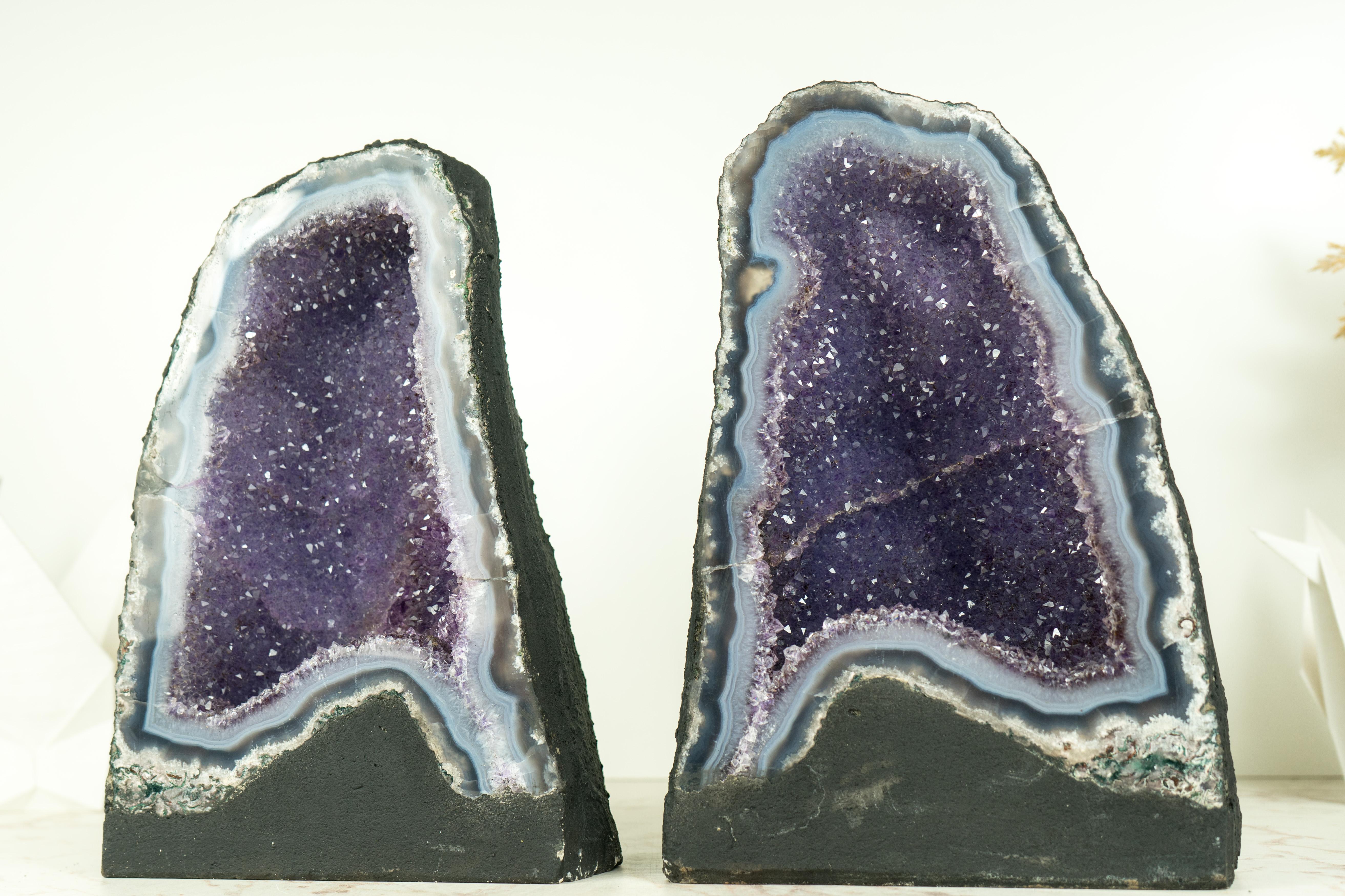 Pair of High-Grade Small Blue Lace Agate Geodes with Sparkly Lavender Amethyst For Sale 5