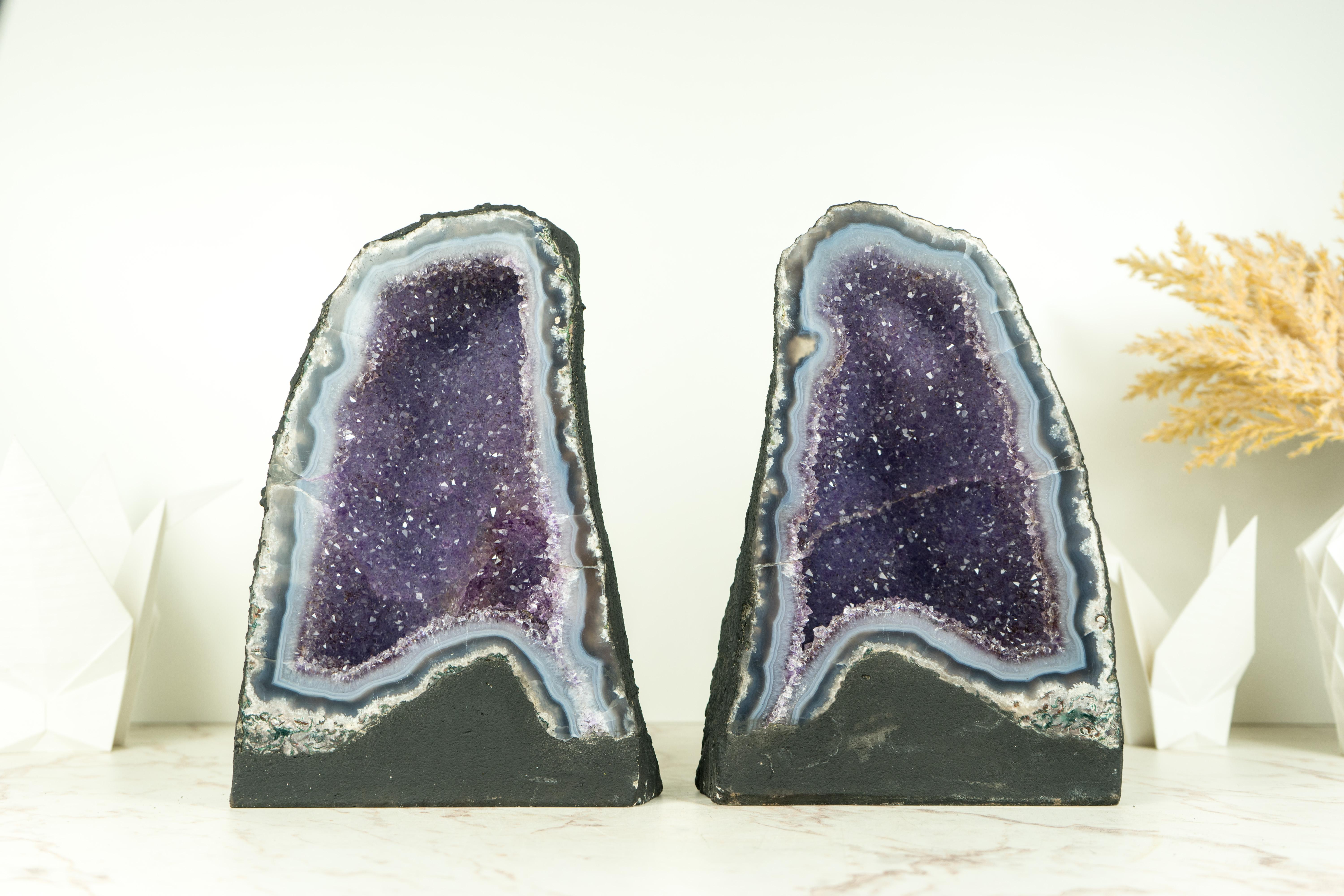 Pair of High-Grade Small Blue Lace Agate Geodes with Sparkly Lavender Amethyst For Sale 6