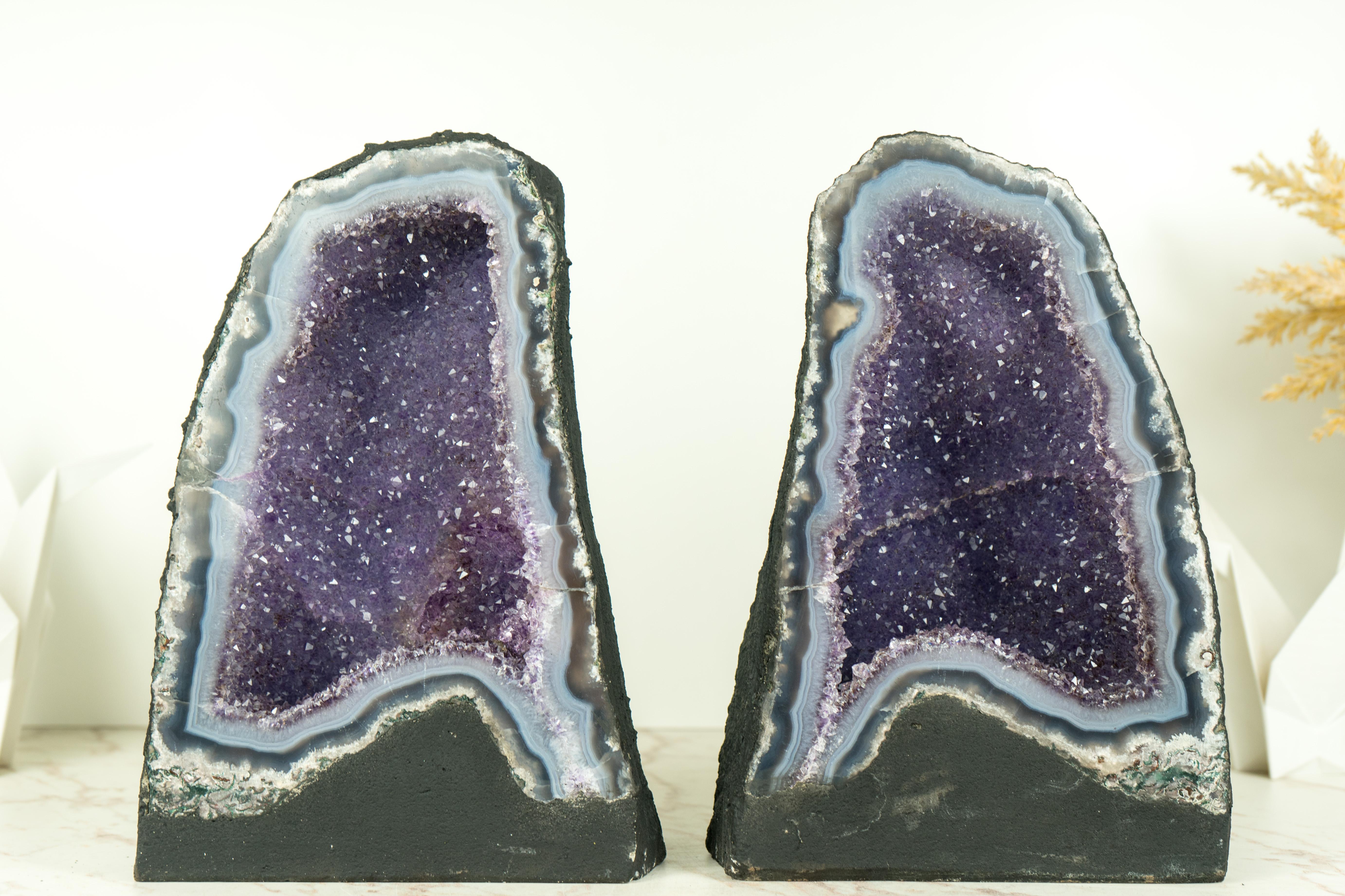 Pair of High-Grade Small Blue Lace Agate Geodes with Sparkly Lavender Amethyst For Sale 7