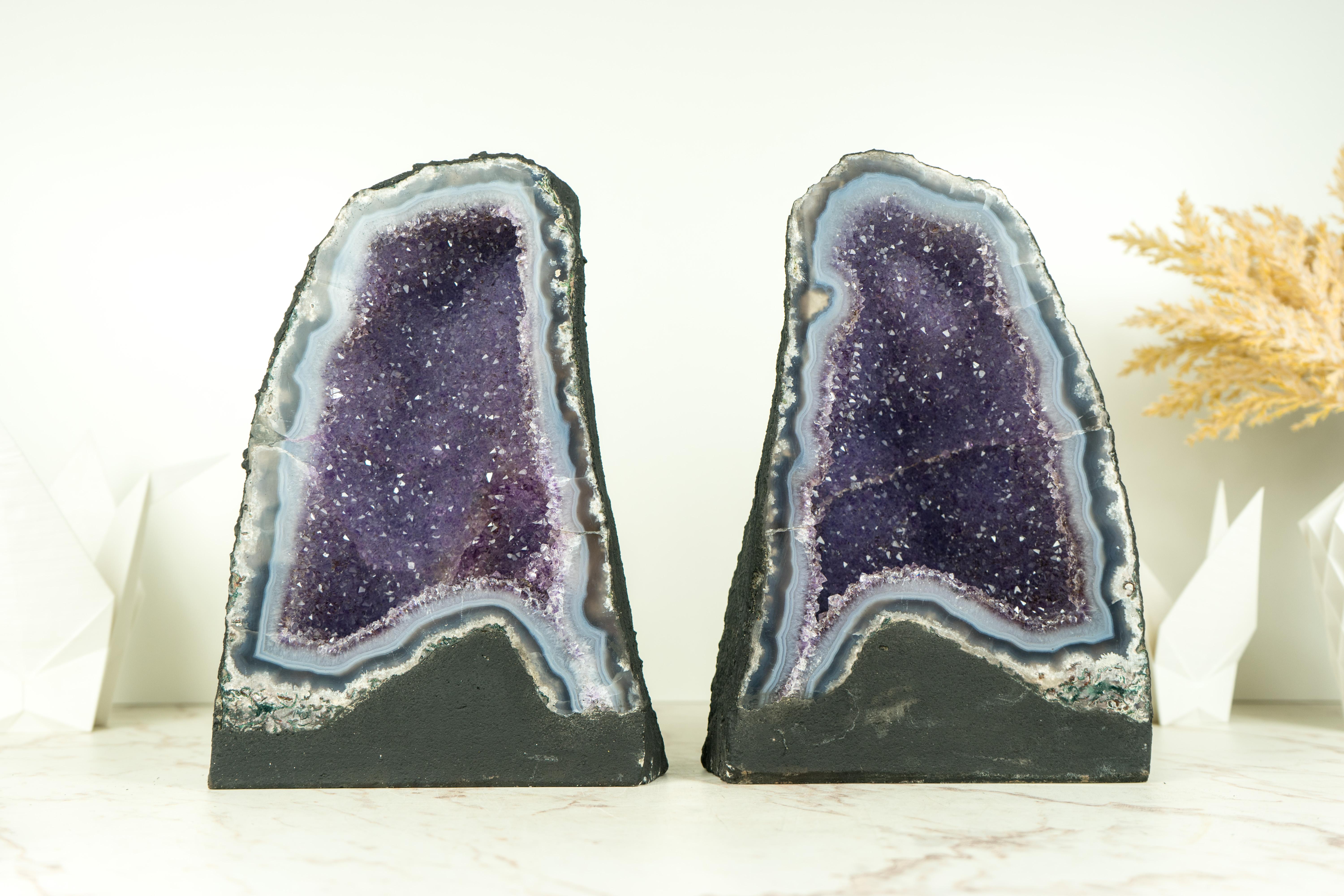 Pair of High-Grade Small Blue Lace Agate Geodes with Sparkly Lavender Amethyst For Sale 8