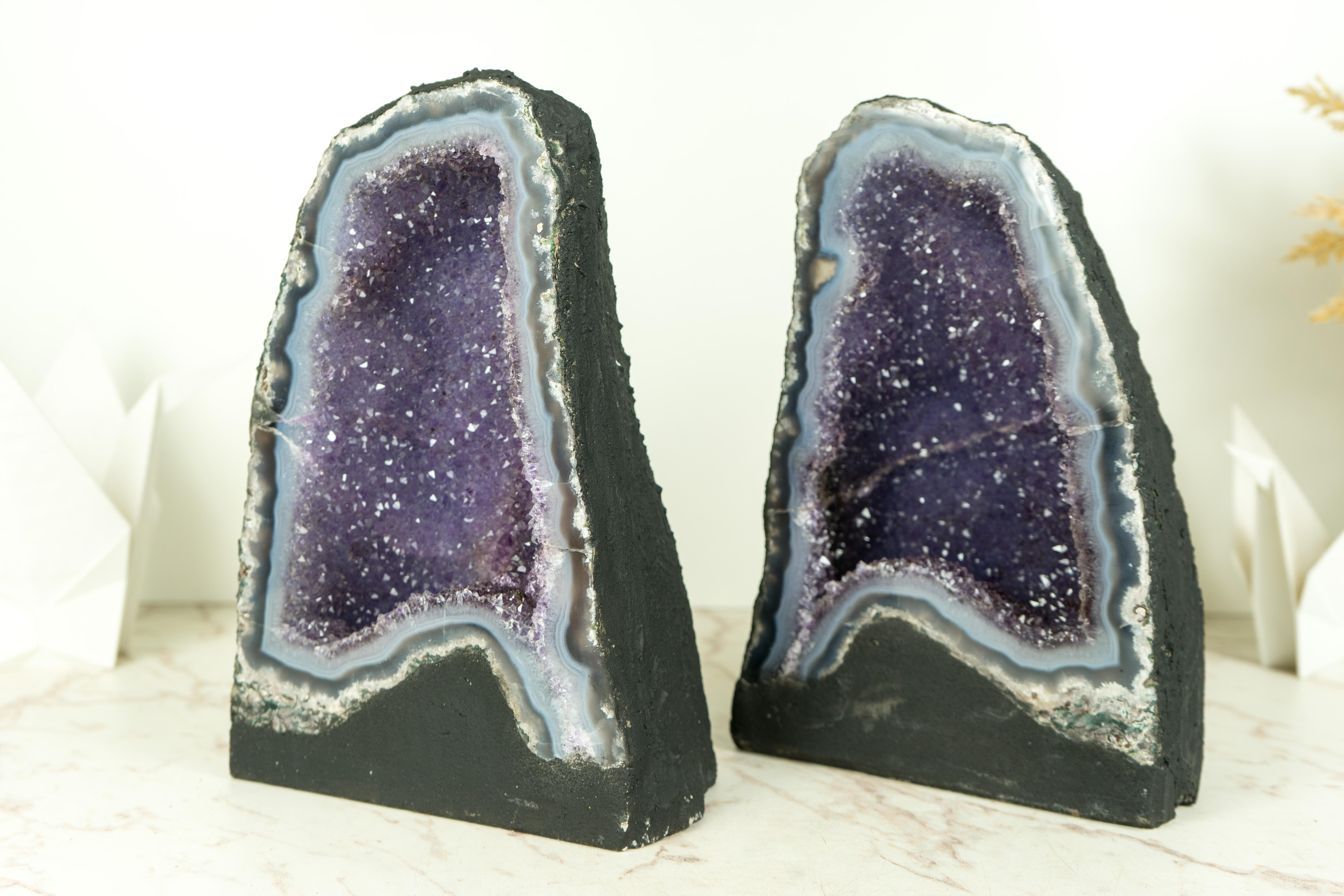 Contemporary Pair of High-Grade Small Blue Lace Agate Geodes with Sparkly Lavender Amethyst For Sale