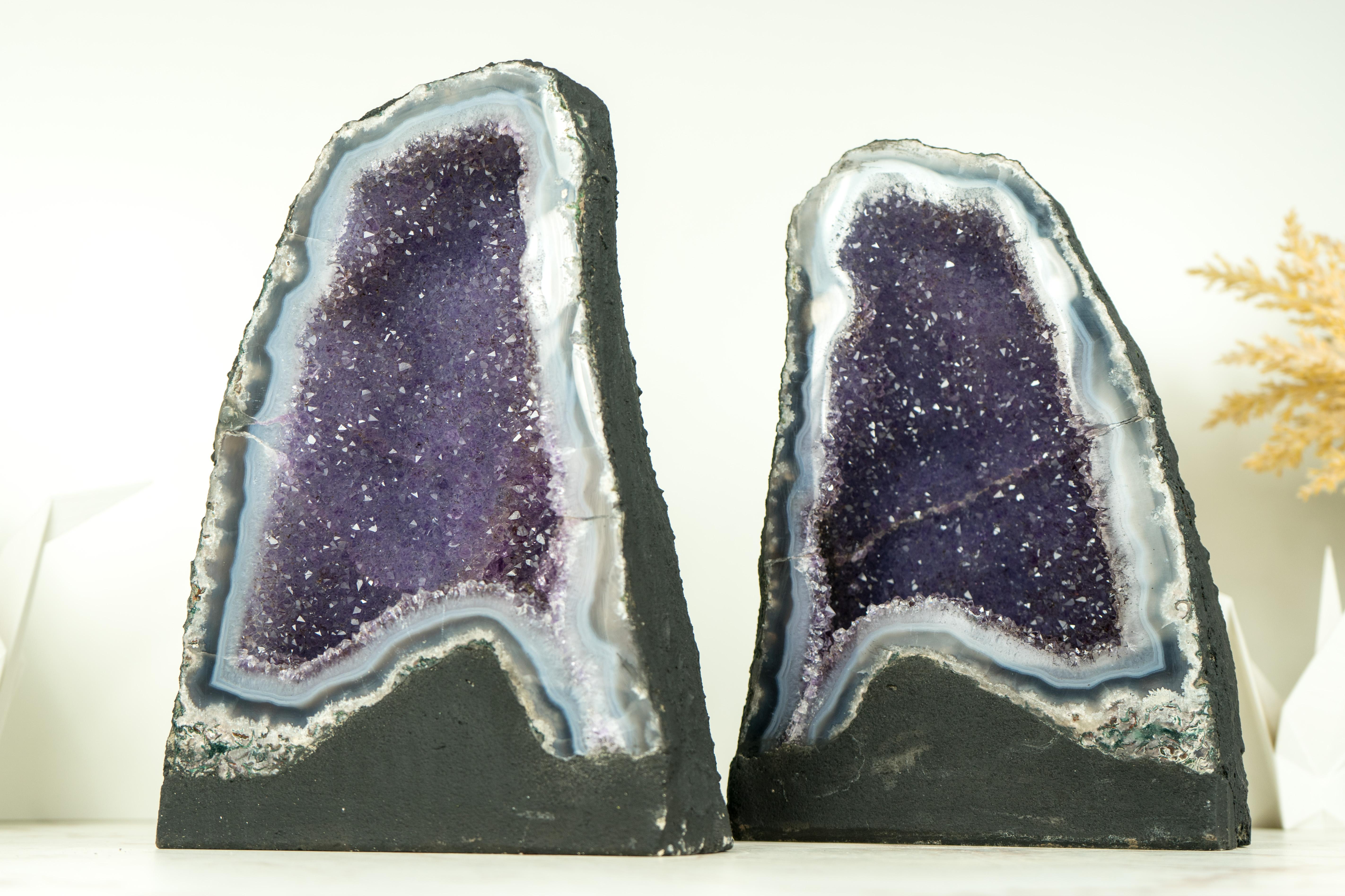 Pair of High-Grade Small Blue Lace Agate Geodes with Sparkly Lavender Amethyst For Sale 1