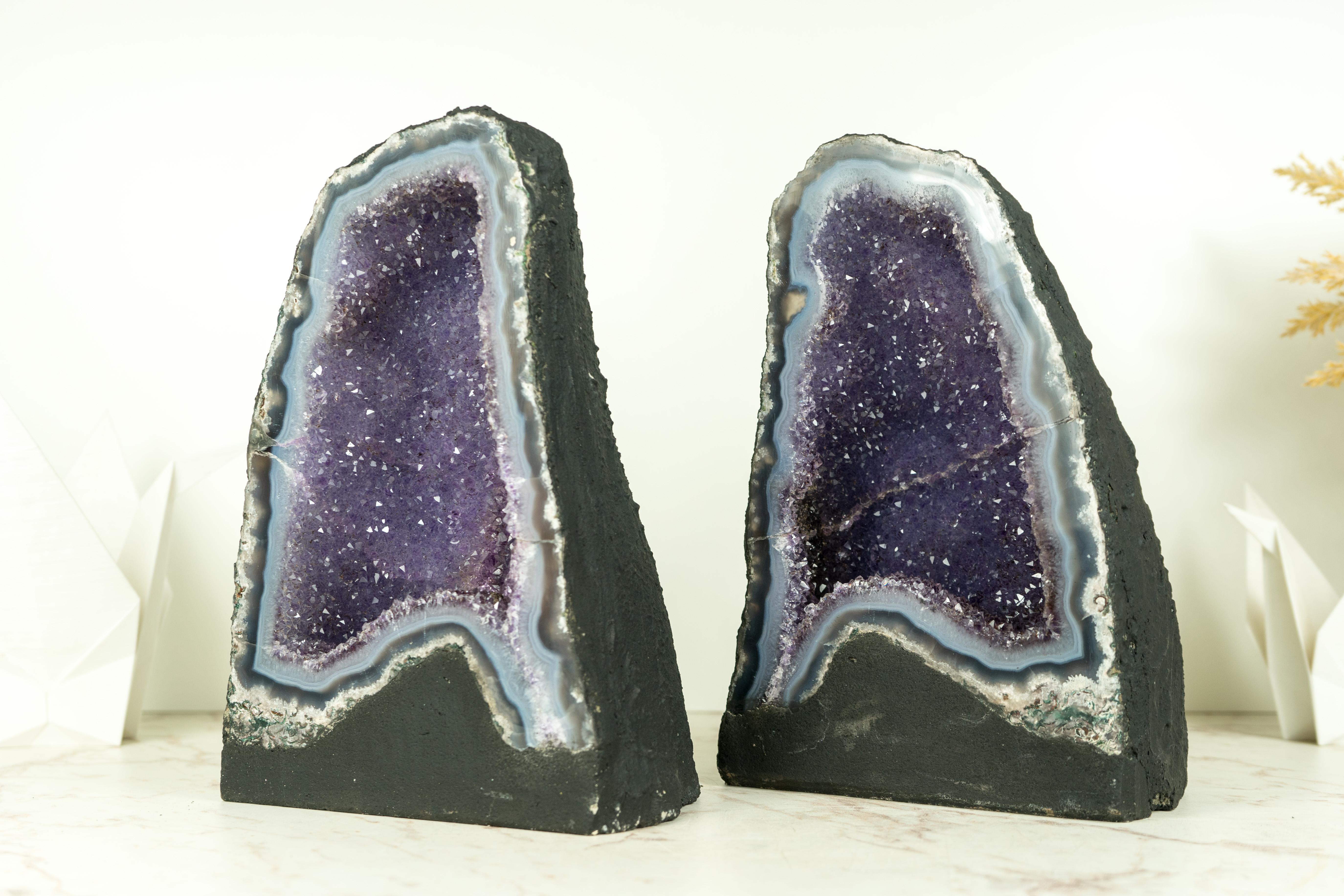 Pair of High-Grade Small Blue Lace Agate Geodes with Sparkly Lavender Amethyst For Sale 2