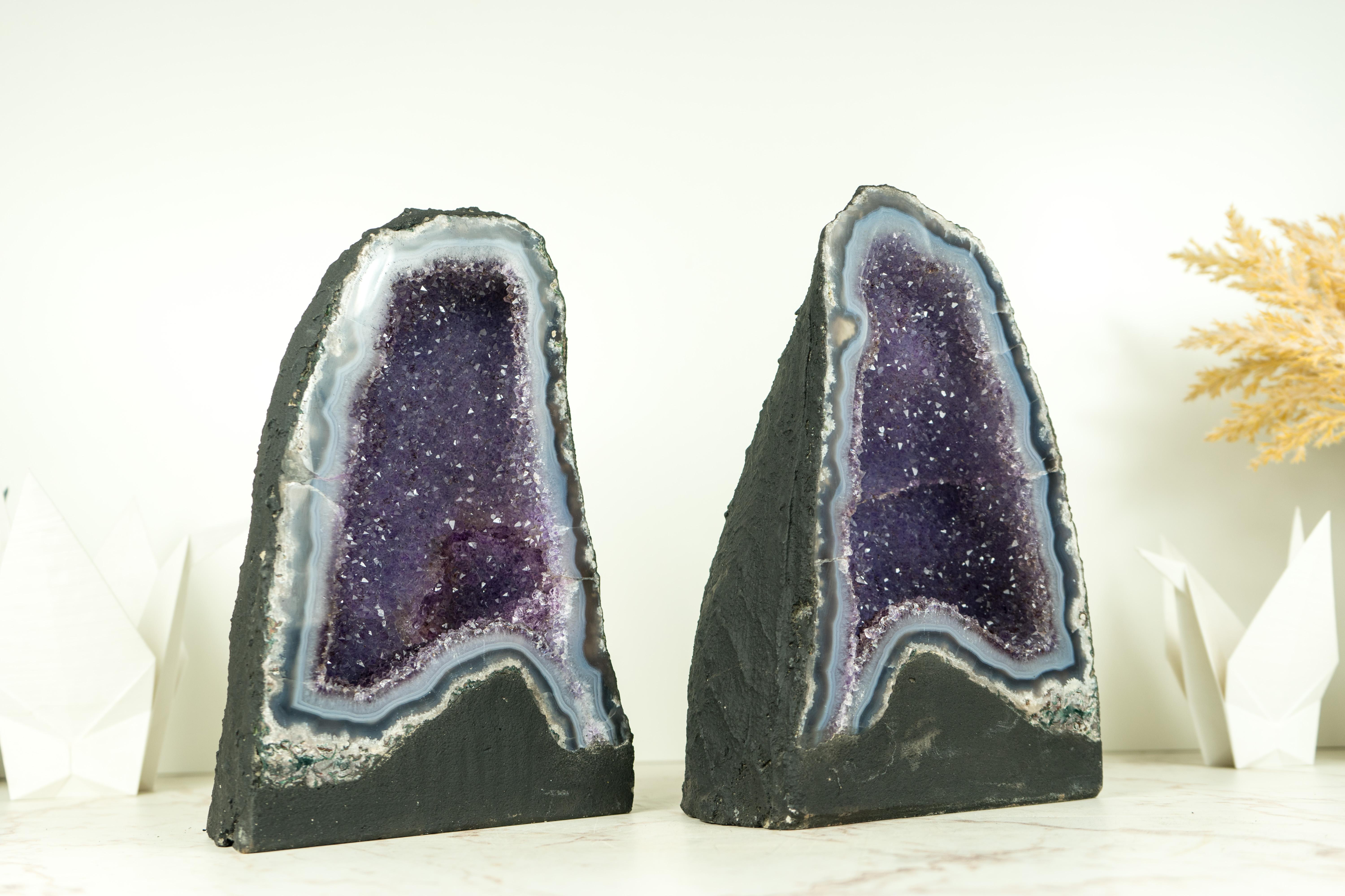 Pair of High-Grade Small Blue Lace Agate Geodes with Sparkly Lavender Amethyst For Sale 3