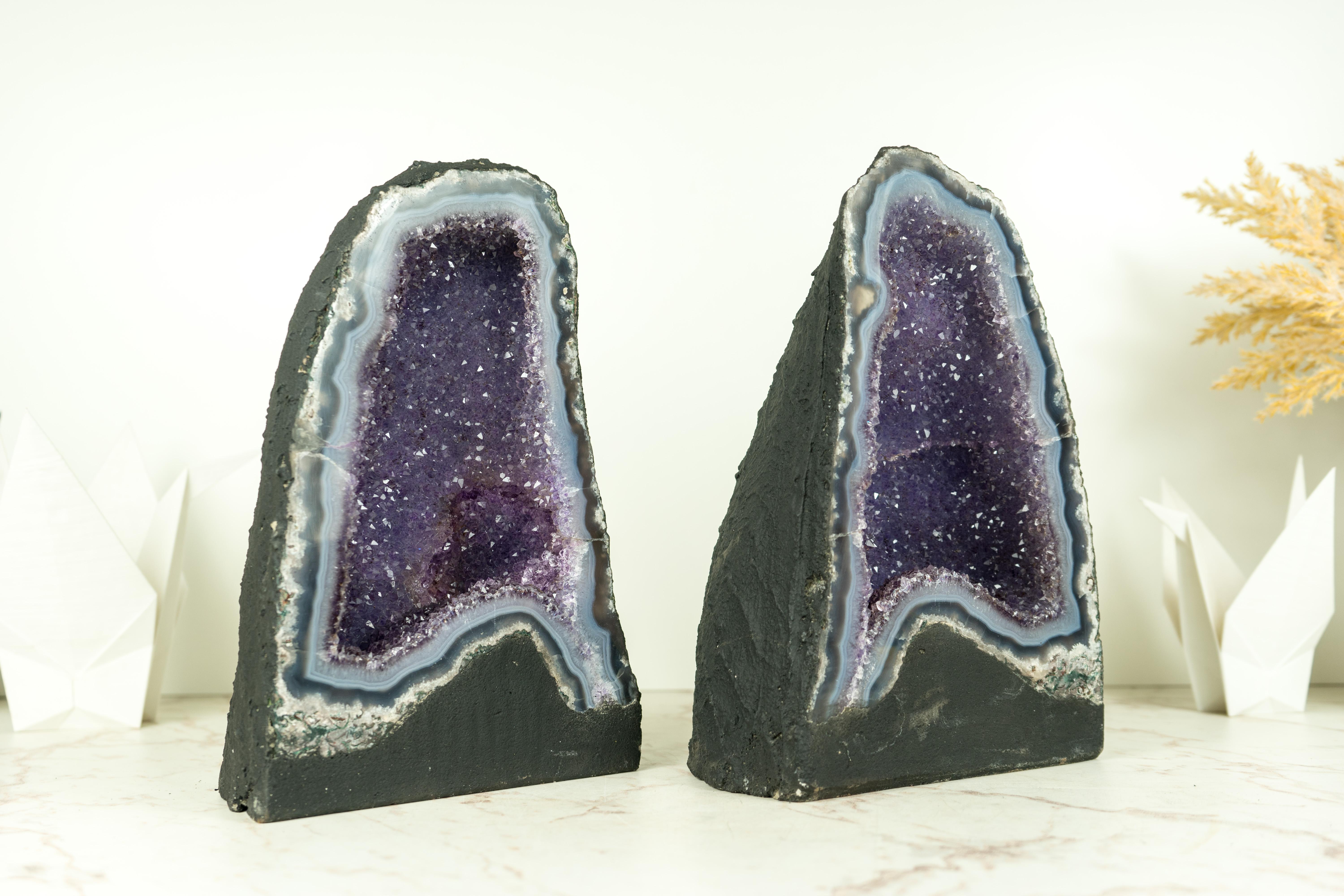 Pair of High-Grade Small Blue Lace Agate Geodes with Sparkly Lavender Amethyst For Sale 4
