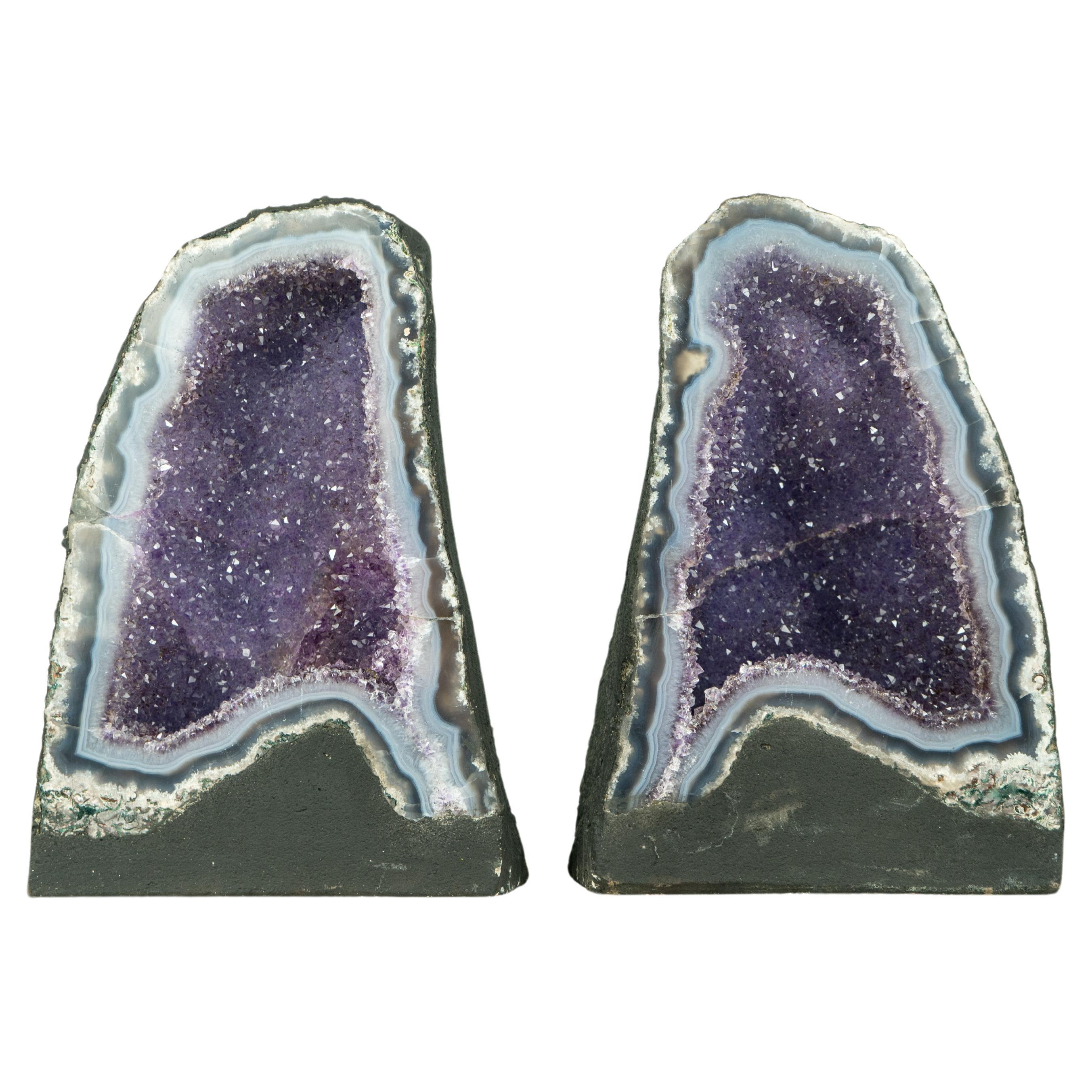 Pair of High-Grade Small Blue Lace Agate Geodes with Sparkly Lavender Amethyst For Sale