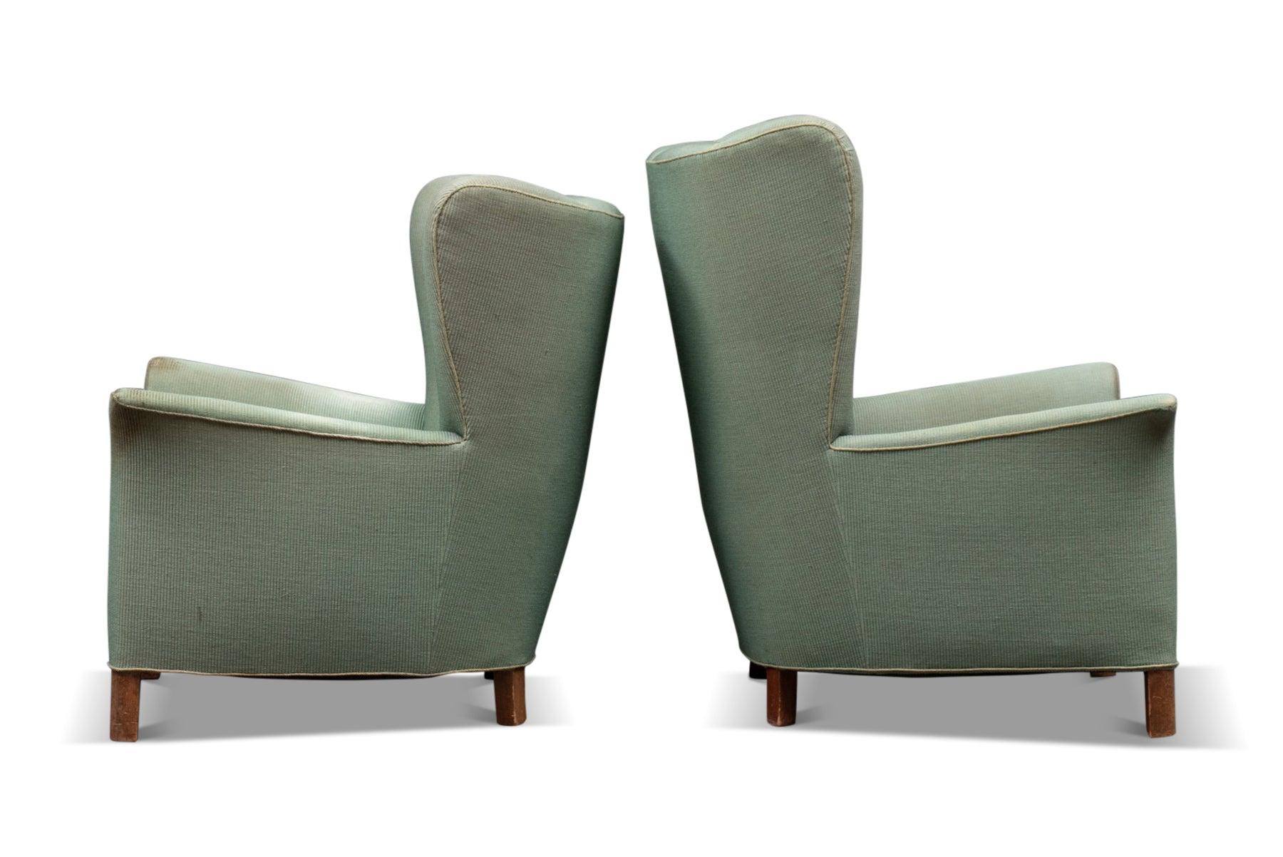 20th Century Pair of High + Low Back 1940s Wingback Lounge Chairs For Sale