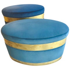 Pair of High or Low Italian Velvet and Brass Poufs