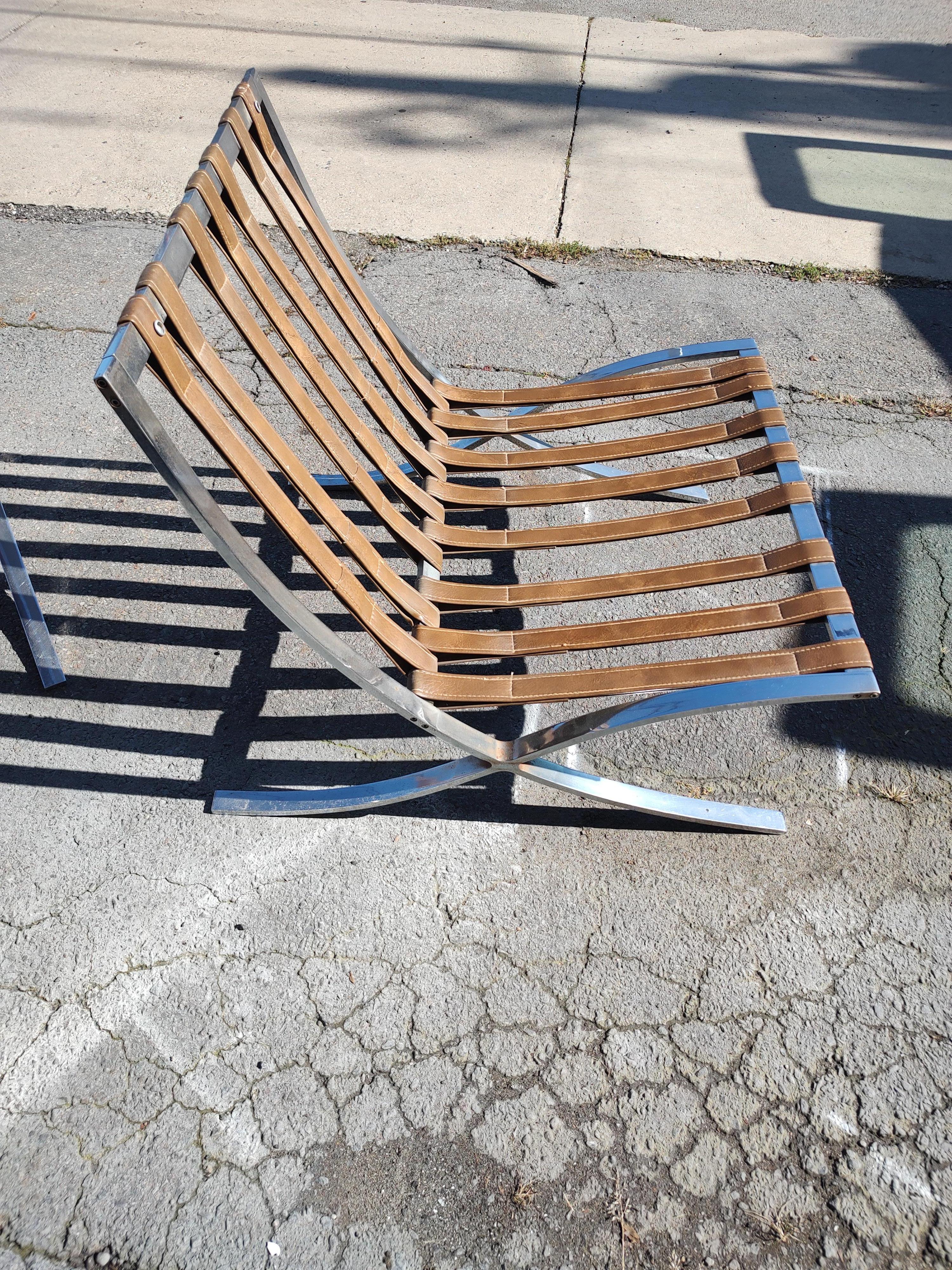 Pair of High Quality Barcelona Lounge Chairs with Brown Naughahyde Vinyl Seats In Good Condition For Sale In Port Jervis, NY