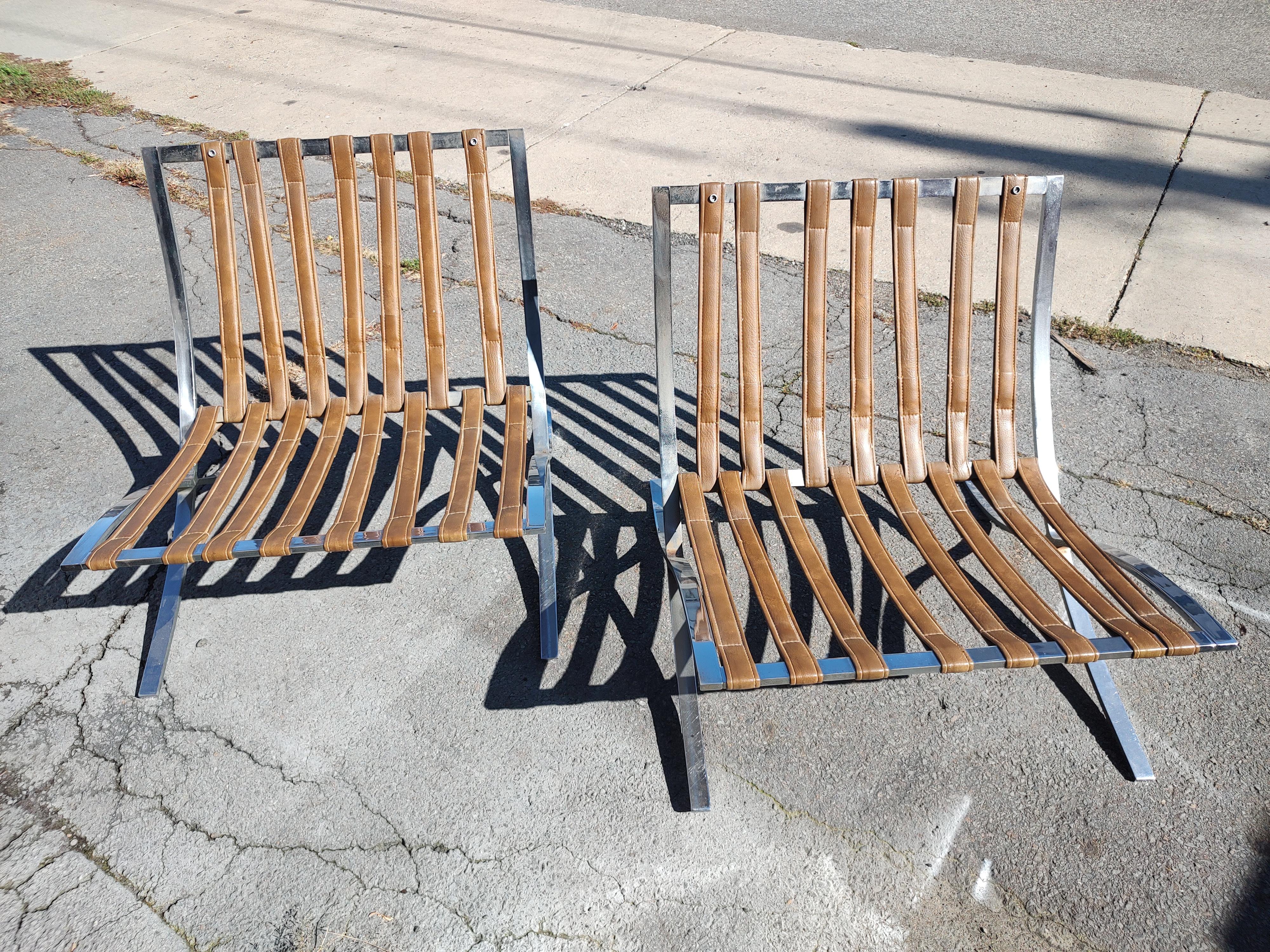 Pair of High Quality Barcelona Lounge Chairs with Brown Naughahyde Vinyl Seats For Sale 1