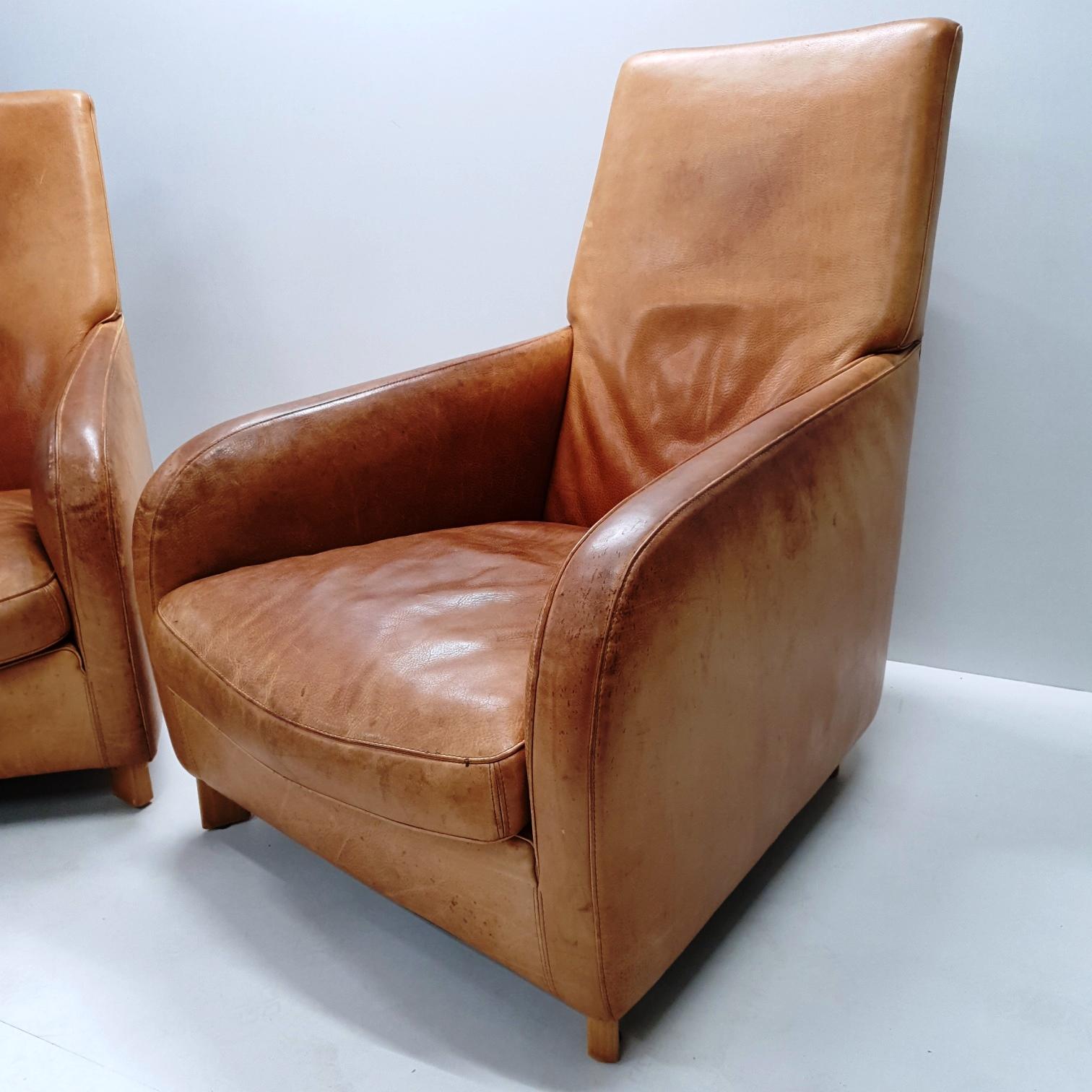 Pair of High Quality Cognac Leather Lounge Chairs by Molinari 'Marked', 1990s 5