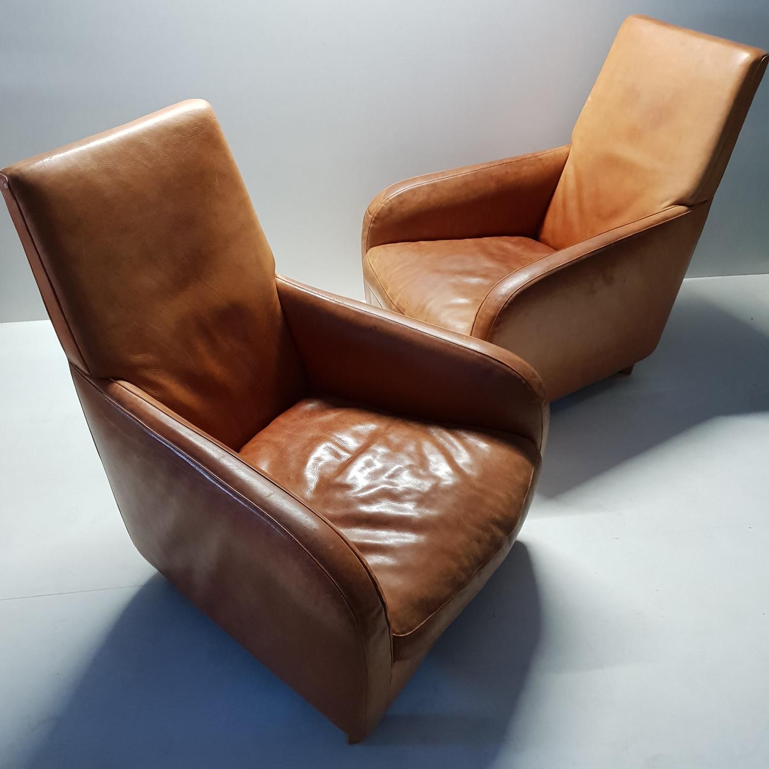 Industrial Pair of High Quality Cognac Leather Lounge Chairs by Molinari 'Marked', 1990s